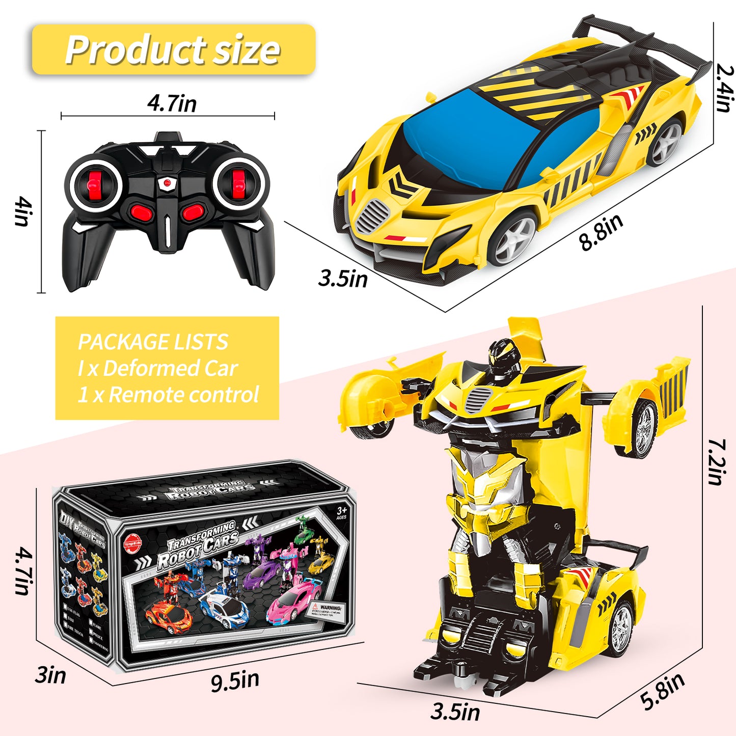 Remote Control Car Transform Car Robot Toy for Kids,1:18 Scale High Speed RC Cars Racing Car with 360°Rotating for Boys 3 4 5 6 7 8 9 Years Old Birthday-Yellow