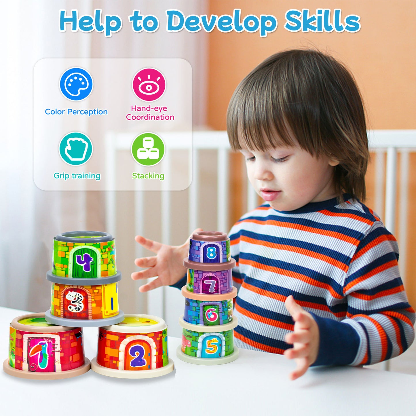 Stacking Cups Toys for Toddlers 1-3, Baby Toys Multifunctional Stacking Cups & Nesting Cups & Sorting Blocks for Montessori Educational- Number,Letter,Puzzles Learning