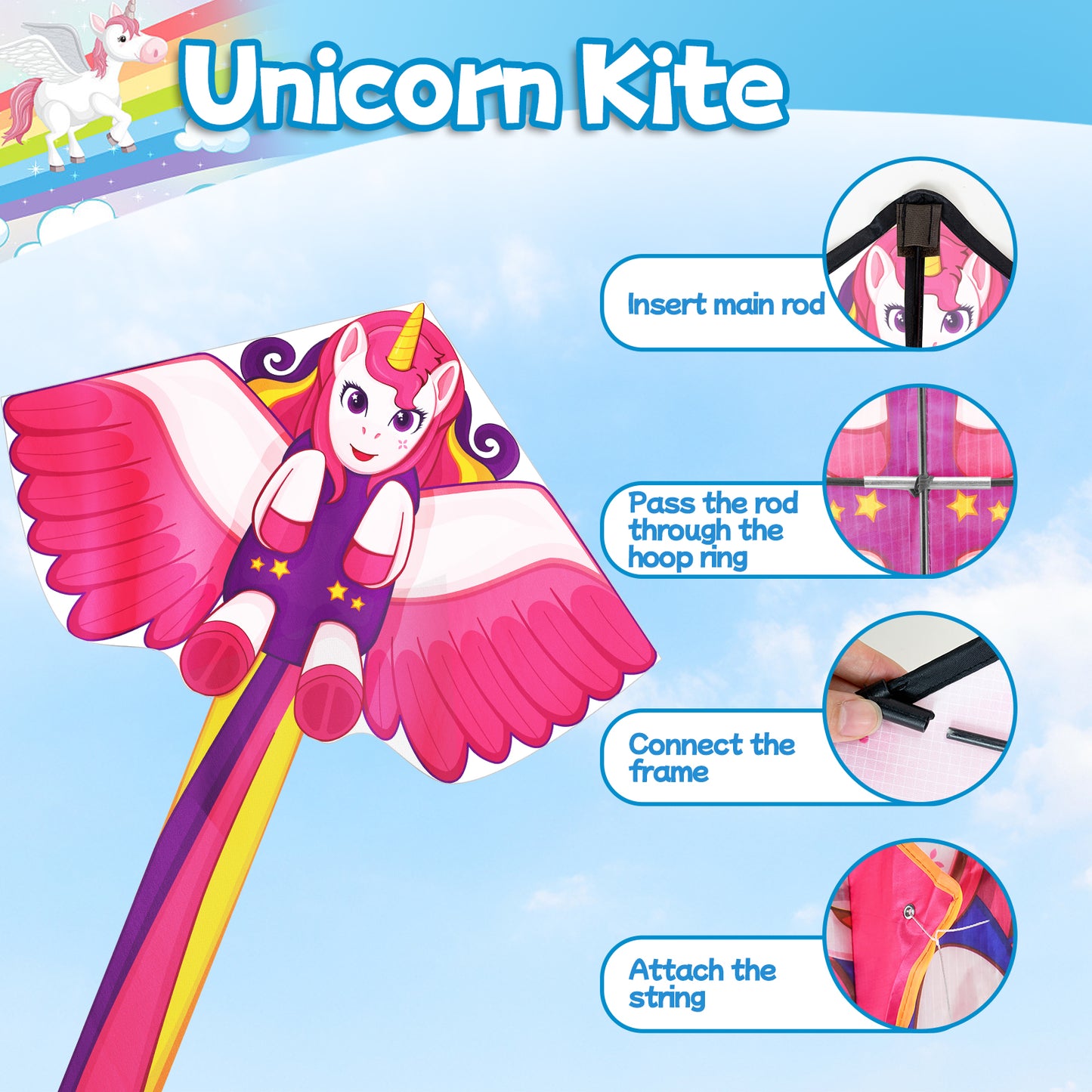 Kite for Kids Age 4-8 8-12, Large Kite for Boys Adults Easy to Fly & Assemble, Beach Kites with 328ft Kite String,Perfect for Beach Trip Park Family Activities Outdoor Games-Unicorn