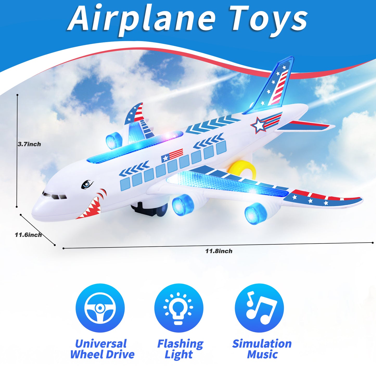 Big Planes Toys for 3 4 5 6 8 Year Old Boys Girls,Toddler Toys, Airplane Model with LED Lights and Sounds and Universal Wheel, Sensory Toddler Autism Toys for Kids Birthday Festive Days Gift, Blue