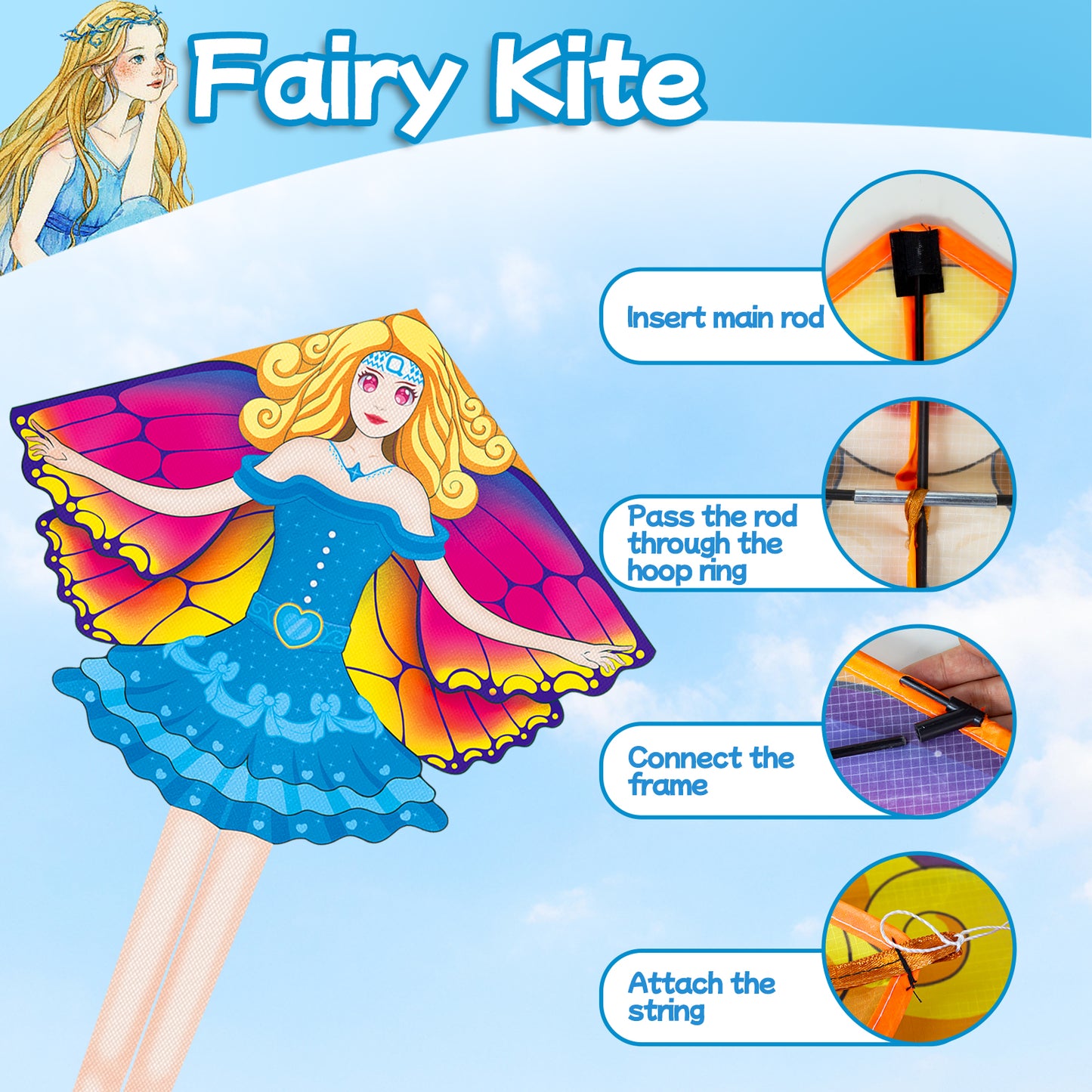 Kites for Kids Ages 4-8 8-12 | Large Blue Fairy Kites Girls Boys Adults, Easy to Fly & Assembled, Great Gift for Easter Travel Beach
