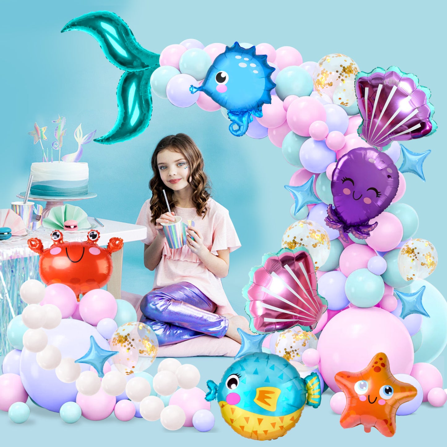 Mermaid Balloon Arch Garland Kit, Mermaid Tail Balloon Garland with Pastel Pink Purple Blue Teal Metallic Latex Balloons for Girls Birthday Baby Shower, Under the Sea Shell Theme Party Decor Supplies