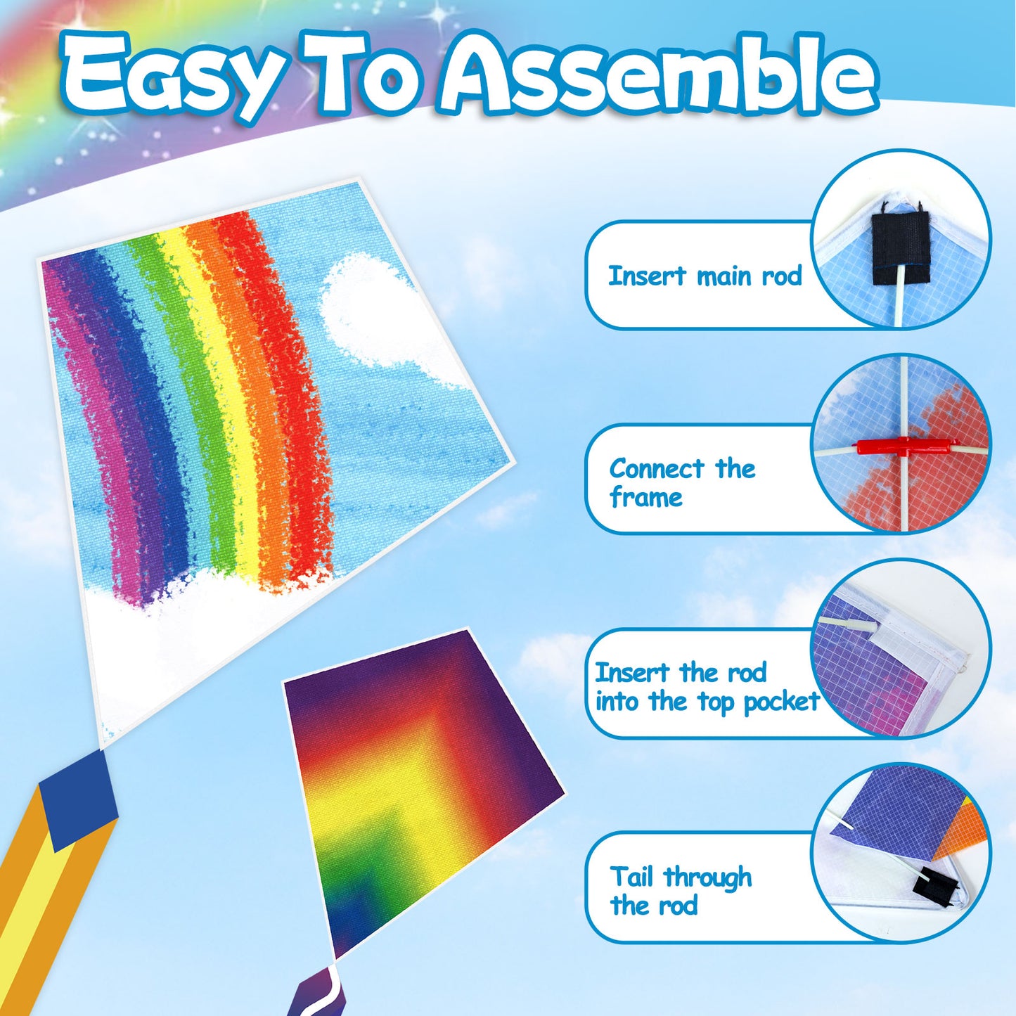 Kites for Children, Easy to Fly Rainbow Delta Kites for Kids Ages 4-12, Perfect for Beginners, Outdoor Beach Toys with Colorful Tail, Kites and Flying Toys for Kids and Adults