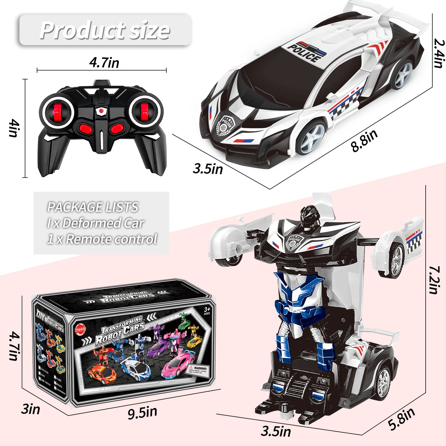 Remote Control Car Transform Car Robot Toy for Kids,1:18 Scale High Speed RC Cars Racing Car with 360°Rotating for Boys 3 4 5 6 7 8 9 Years Old Birthday-Police