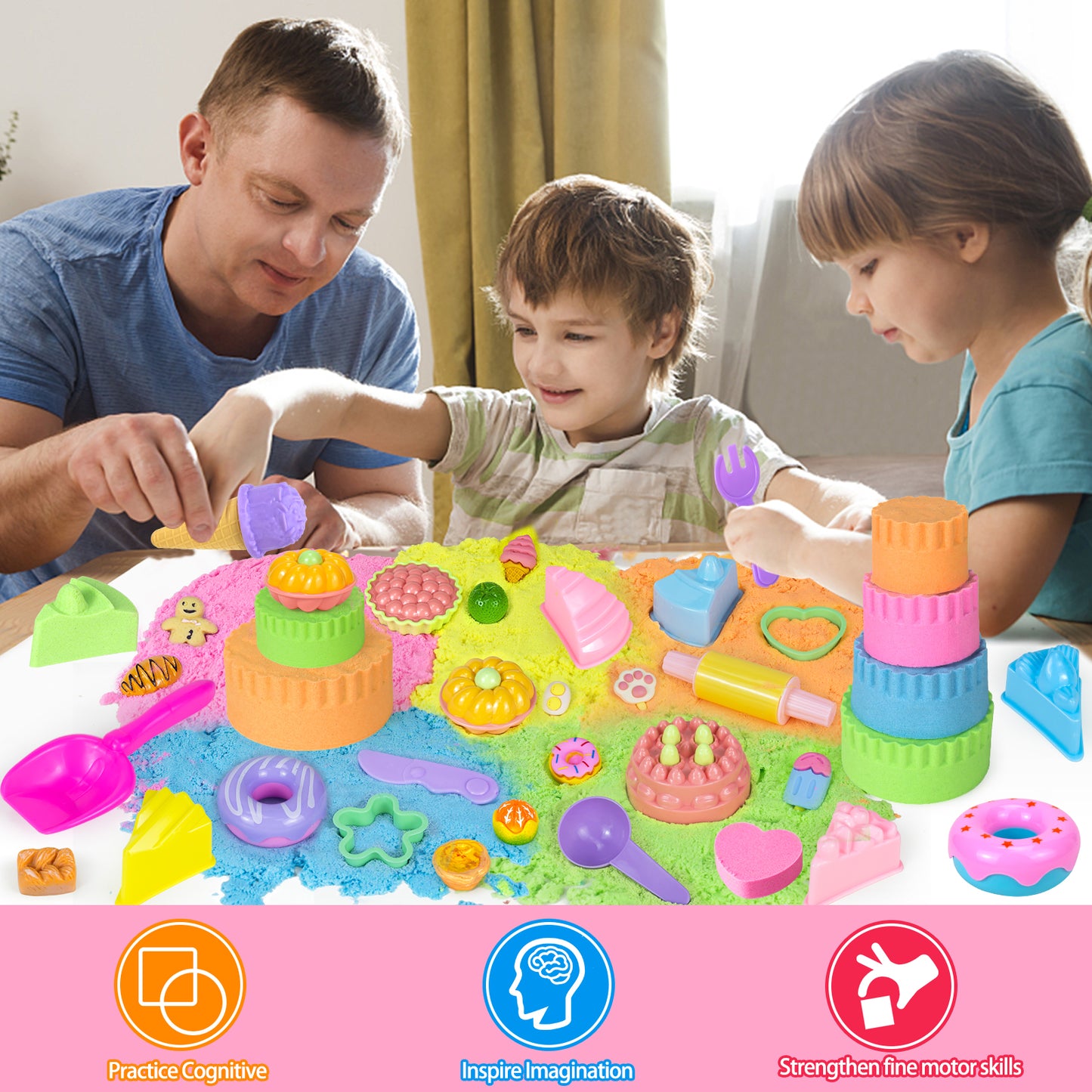Ice Cream & Cake Play Sand for Kids with Sandbox Magic Sand Cake Moulds Play Money Ice Cream Toys Kids, Sensory Bin Set Toys Gifts for 3 4 5 6 7 8 Year Old Girls