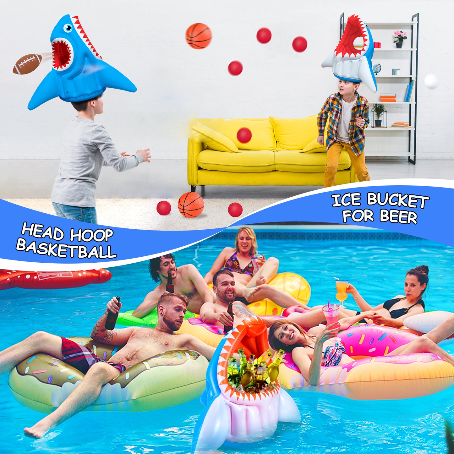 Cool Toys| 3-in-1 Inflatable Basketball & Football & Head Hoop Balls Games Shark Toys for Kids Birthday Gifts, Great Indoor Outdoor Beach Water Pool Game Toys for Boys Girls Adults Party Favors