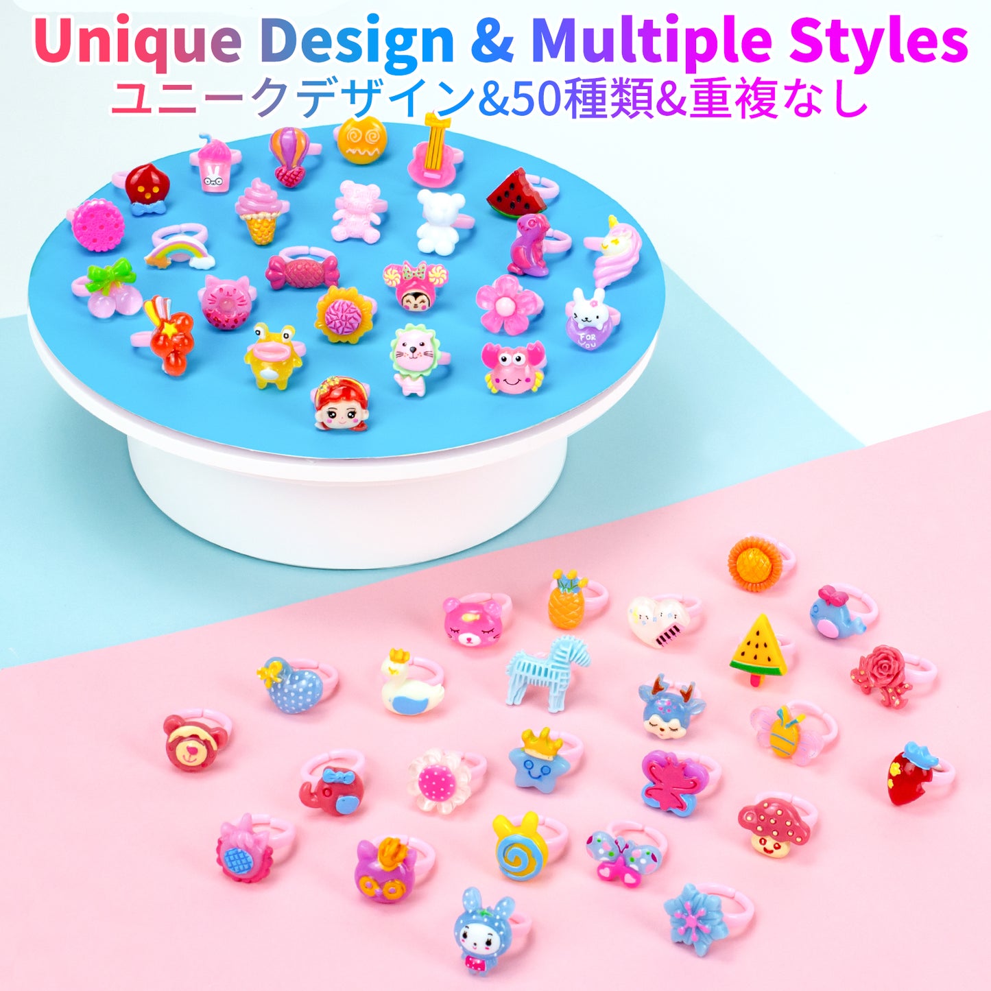50 Lovely Jewelry Rings for Little Girls, Adjustable and No Duplication, Girls Pretend Play and Dress Up Rings with Gift Box