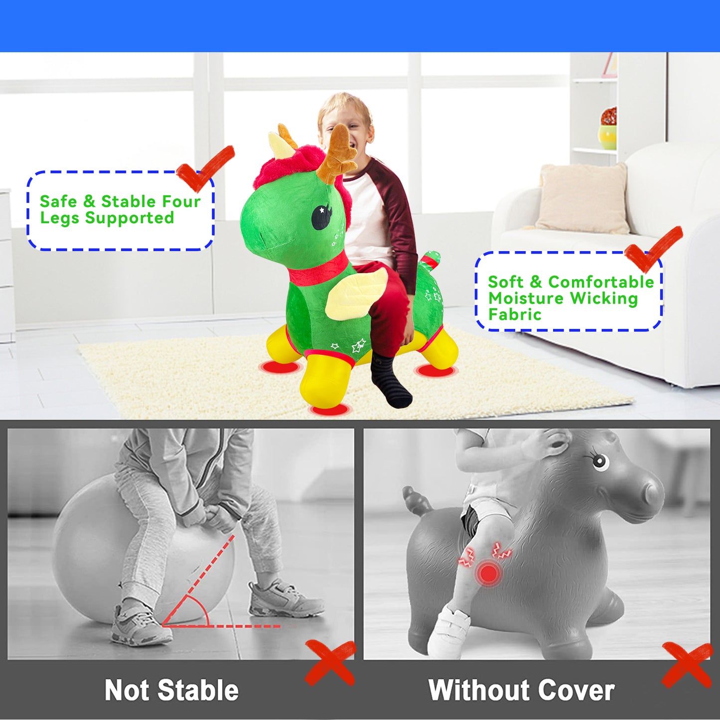 Bouncy Horse - Baby Toys Inflatable Plush Bouncing Dinosaur Hopper, Indoor Outdoor Toys Ride On Animal with Pump for Boys Girls Toddlers Birthday Party Gifts