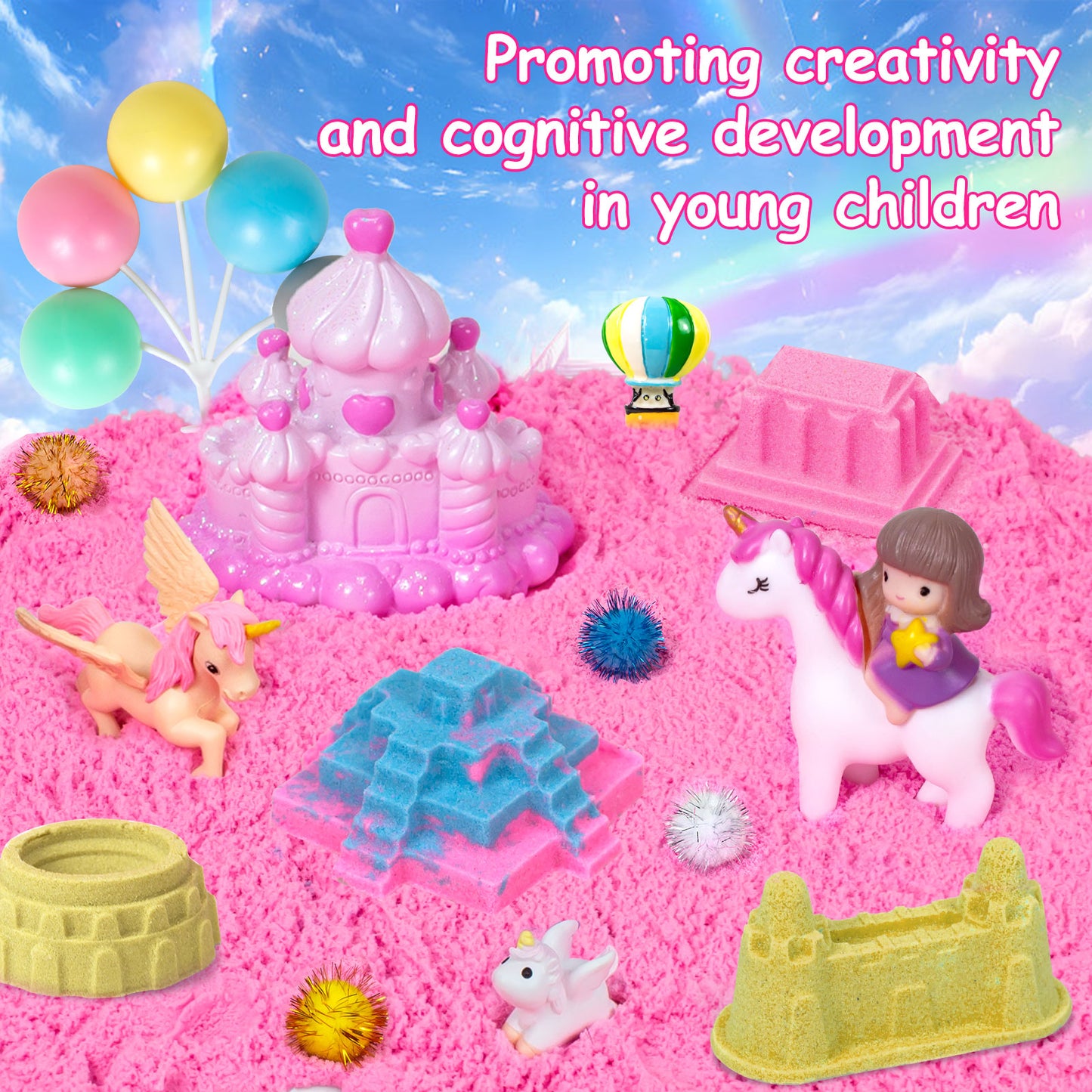 Unicorn Sensory Bin,Play Sand Kit for Girls,Unicorn Toys for Kids,Castle Moulds,Toddler Activities and Sensory Bin Fillers for Toddlers 3+