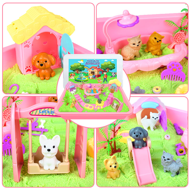 Pet Sensory Bin & Moldable Sensory Sand Kit,Pet Play Set and Sandbox with Lid,Dog and Cat Toddler Toys for Kids,Pet Care Play Set Sensory Bin for Kids 3-7 & Up- Kids Gifts for Boys and Girls