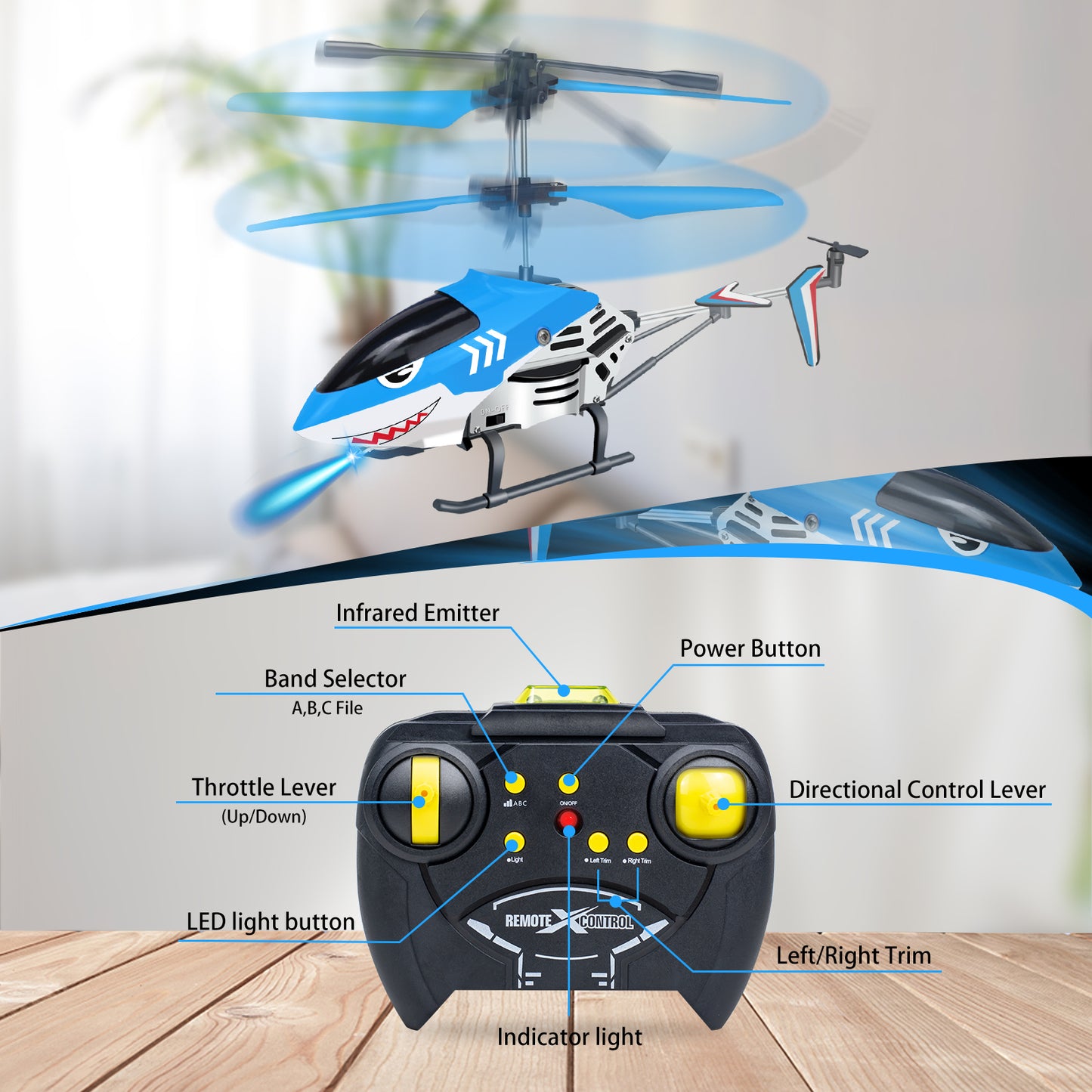 "YongnKids Remote Control Helicopter for Kids| Rc Helicopter Toys w/t LED Lights, 3.5 Channel, Gyro Stabilizer, Altitude Hold, 2.4GHz Helicopter Toys for Beginner Boys Girls Indoor- Shark "