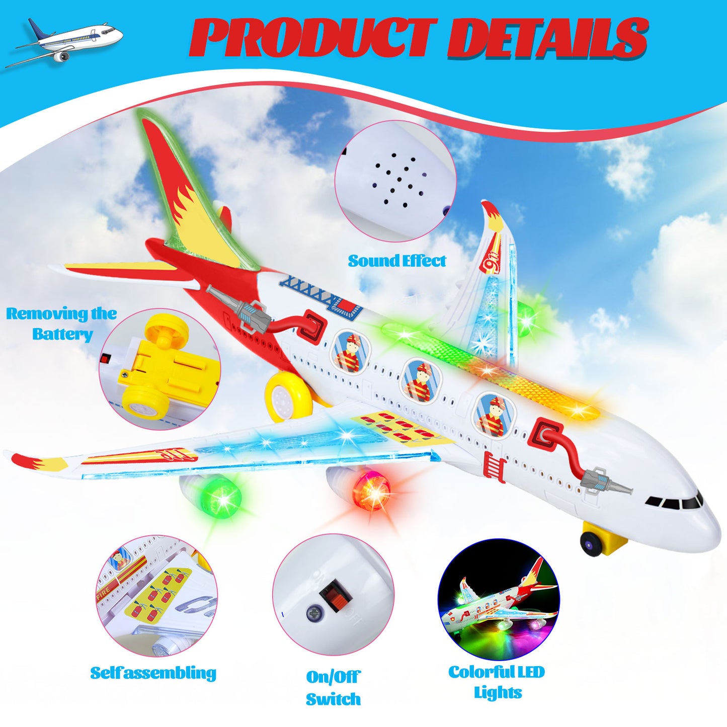 Big Planes Toys for 3 4 5 6 8 Year Old Boys Girls,Toddler Toys, Airplane Model with LED Lights and Sounds and Universal Wheel, Sensory Toddler Autism Toys for Kids Birthday Festive Days Gift