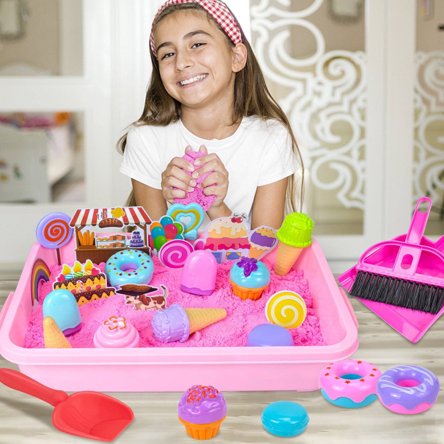 Ice Cream Play Sand Kit, Sensory Bin Toy for Kids, Sandbox Set Toys with Magic Sands, Ice Cream & Cake Models and Tools Creativity Gift Indoor Outdoor Play for Boys Girls Ages 3+
