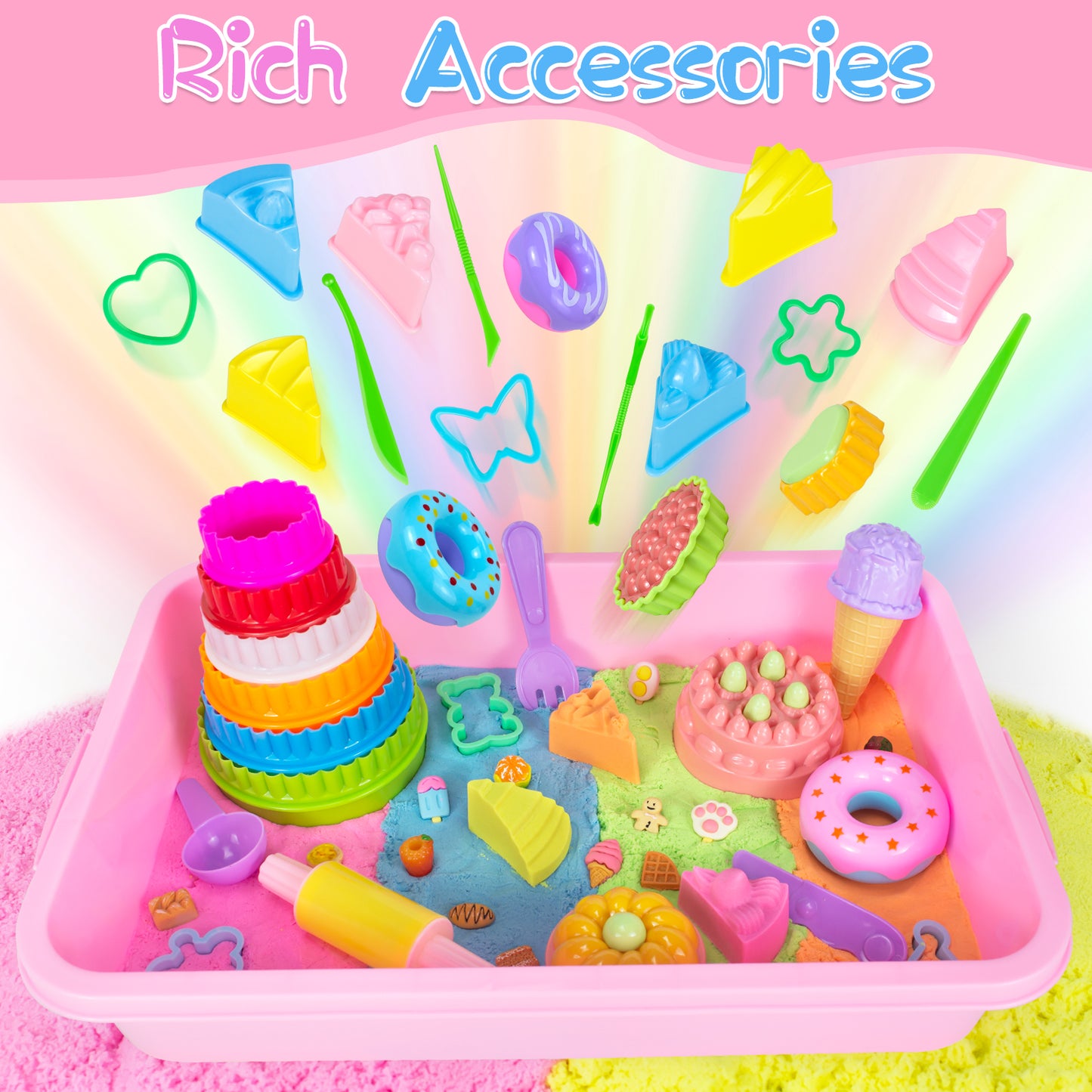 Ice Cream & Cake Play Sand for Kids with Sandbox Magic Sand Cake Moulds Play Money Ice Cream Toys Kids, Sensory Bin Set Toys Gifts for 3 4 5 6 7 8 Year Old Girls