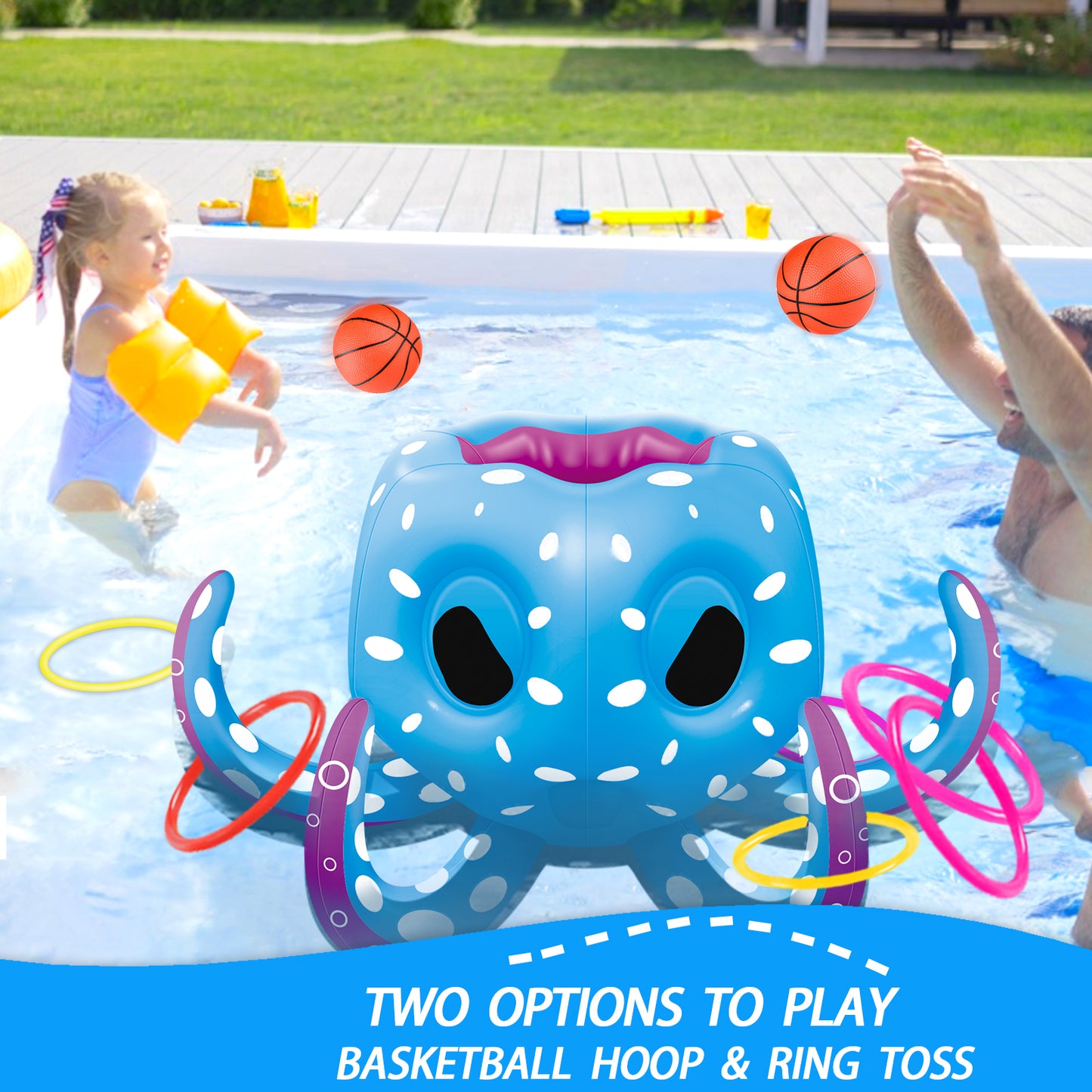 Octopus Pool Toys, Inflatable Basketball Hoop| Ring Toss Game for Indoor Outdoor Play, Cool Summer Toys for Ages 3 4 5 6 7 8 Year Old Boys Girls Adults Family Party Gift
