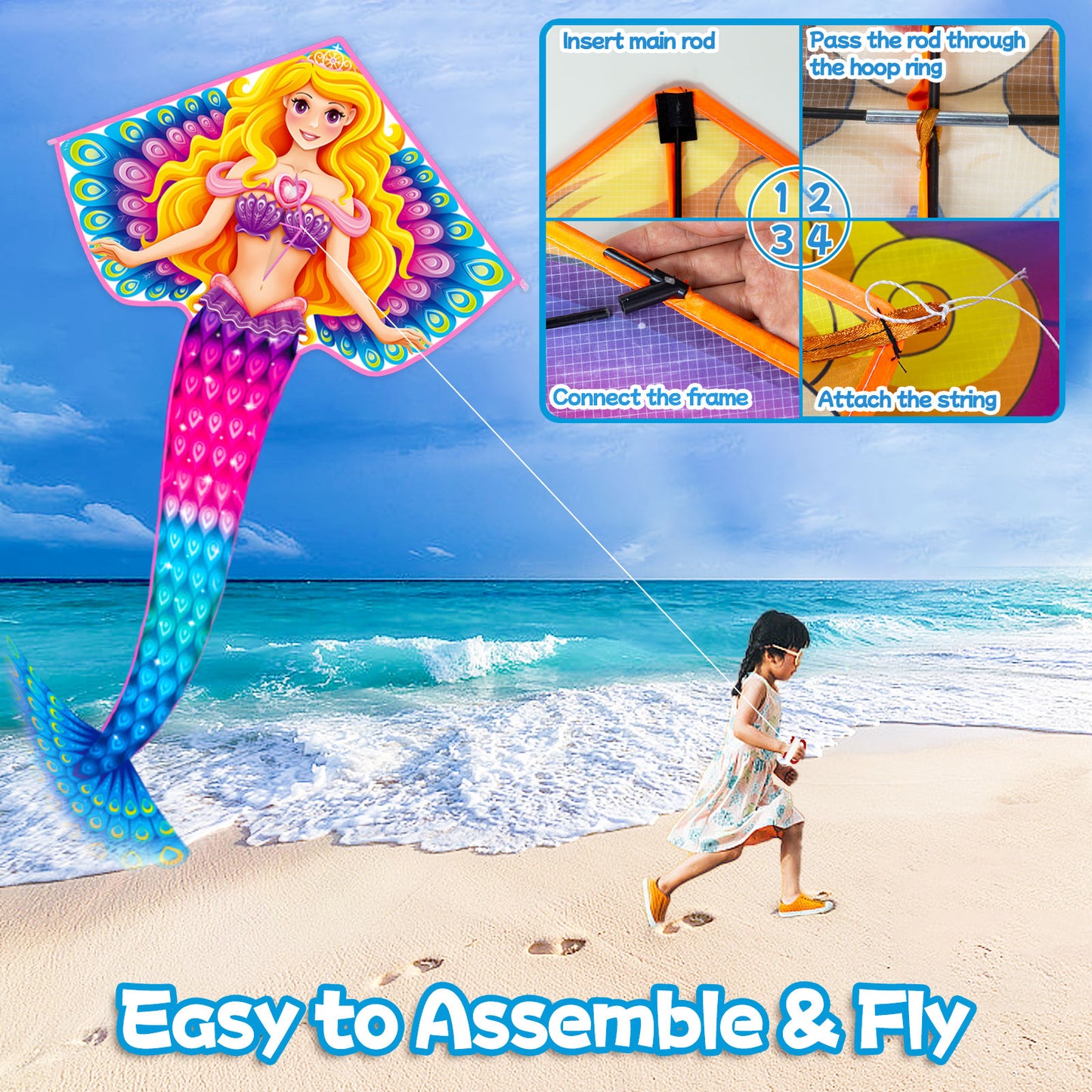 Kites for Kids Ages 4-8 8-12 | Large Mermaid Kite Girls Boys Adults, Easy to Fly & Assembled, Great Gift for Easter Travel Beach