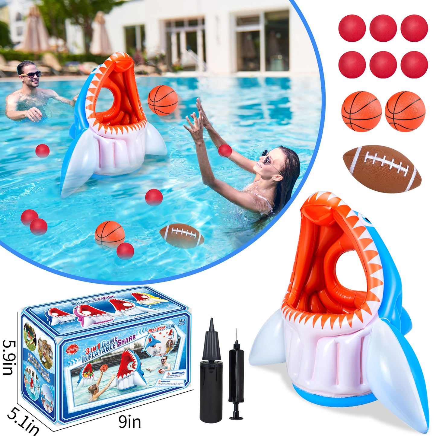 Cool Toys| 3-in-1 Inflatable Basketball & Football & Head Hoop Balls Games Shark Toys for Kids Birthday Gifts, Great Indoor Outdoor Beach Water Pool Game Toys for Boys Girls Adults Party Favors