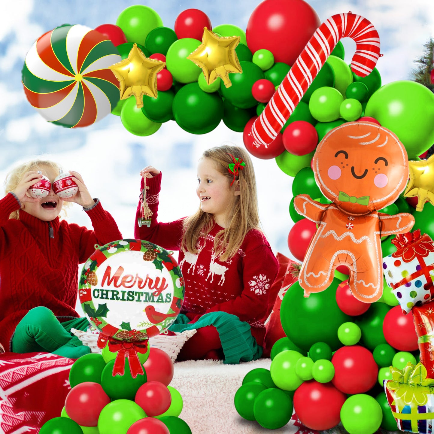 Merry Christmas Balloon Garland Arch Kit Include Xmas Latex Balloons Candy Foil and Candy Cane Balloons for Wintertime Holiday New Year Birthday Party Decoration Supplies(Red and Green)