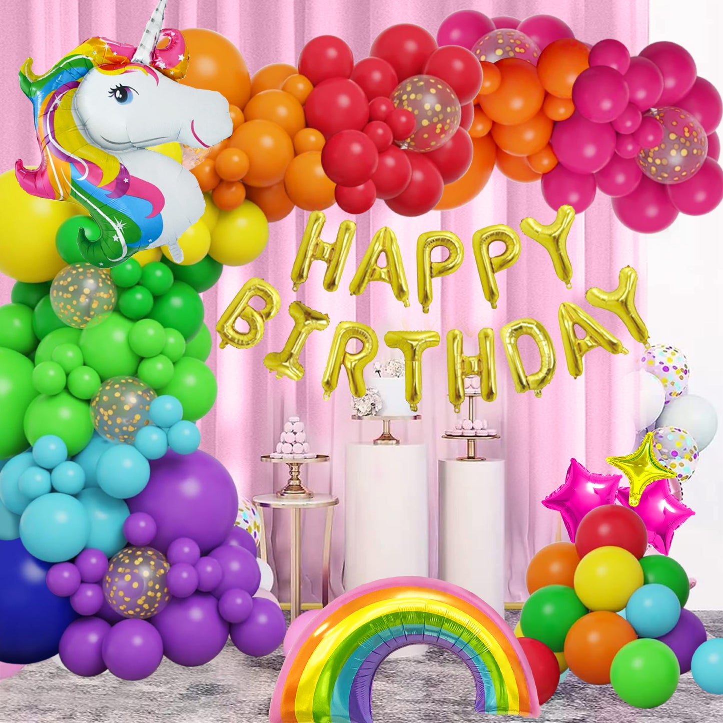 Unicorn Birthday Party Decorations Girl, Pastel Macaron Birthday Balloons with 3D Unicorn, Confetti Balloons, Happy Birthday Banner, Unicorn Cake Toppers Tablecloth for Birthday Decorations Girls