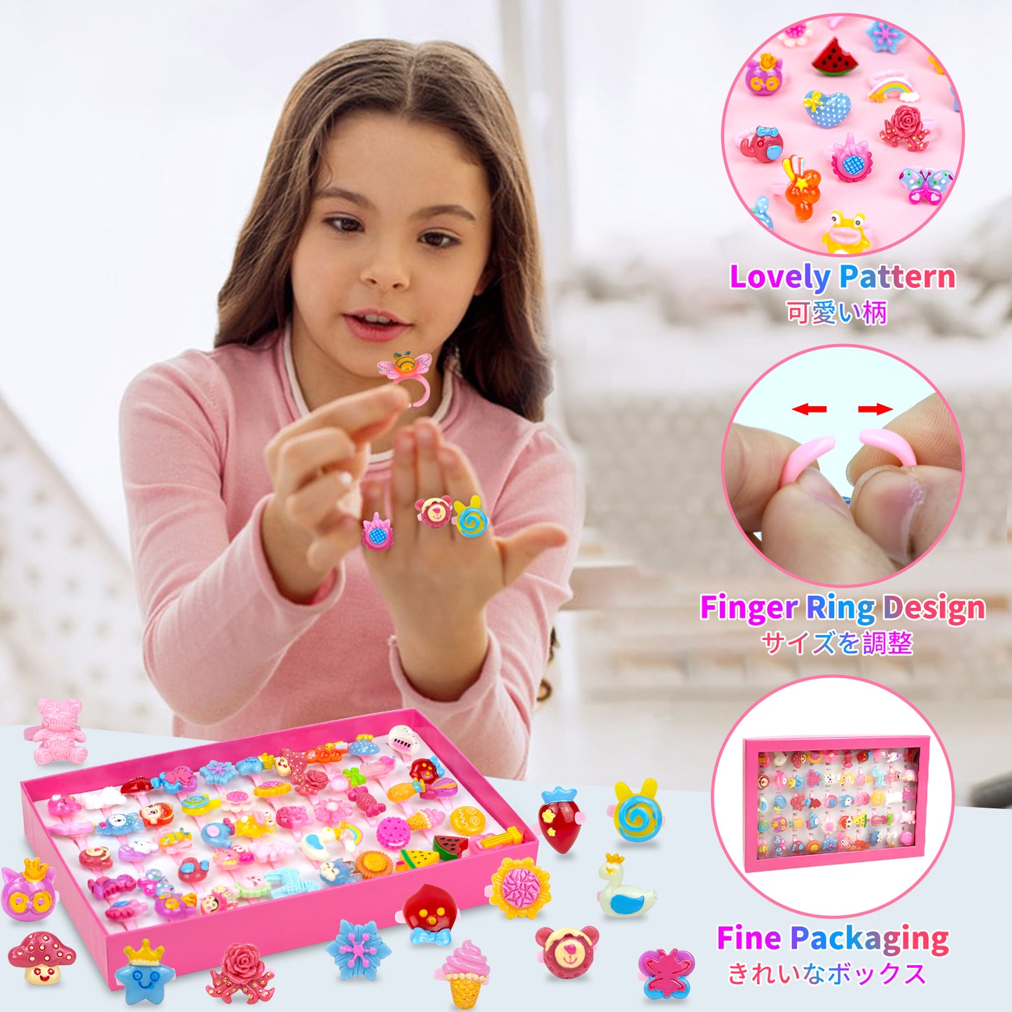 50 Lovely Jewelry Rings for Little Girls, Adjustable and No Duplication, Girls Pretend Play and Dress Up Rings with Gift Box
