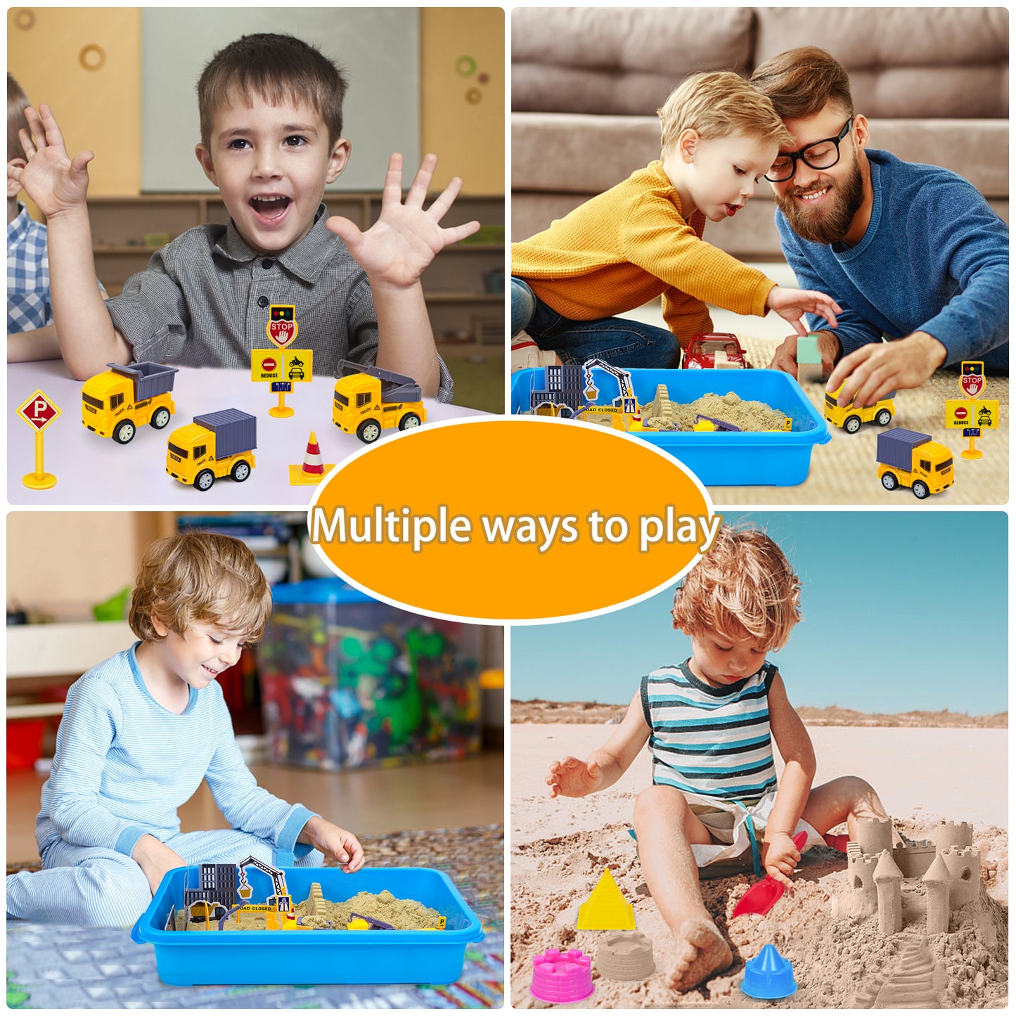 Construction Sand Toys, Kids Play Sand Kit Included 2.2lbs Magic Sand, Crane, 6 Construction Vehicles, 8 Signs, 12 Molds, Beach Building Sand Castle Sensory Bin Toy for Toddlers Boys