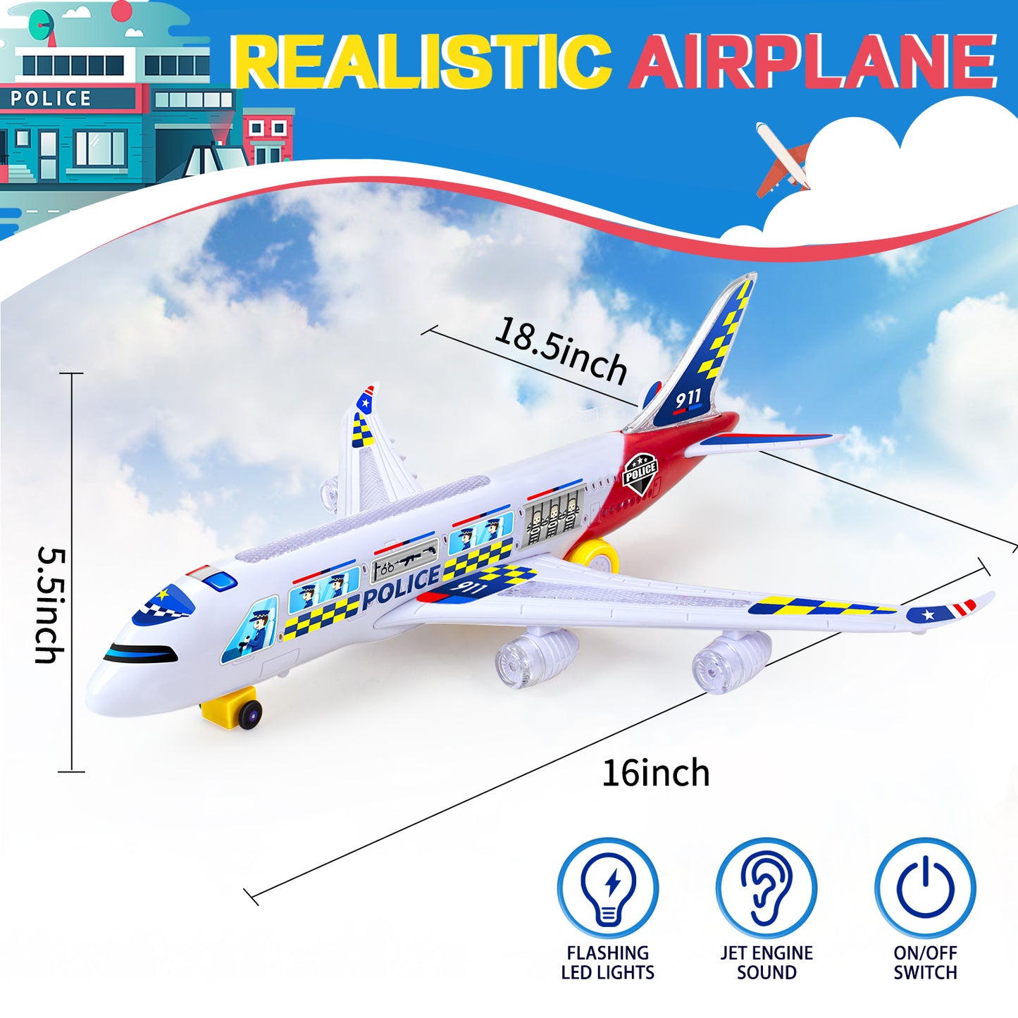 Big Planes Toys for 3 4 5 6 8 Year Old Boys Girls,Toddler Toys, Airplane Model with LED Lights and Sounds and Universal Wheel, Sensory Toddler Autism Toys for Kids Birthday Festive Days Gift