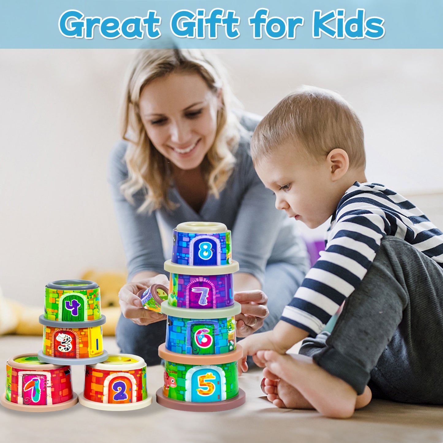 Stacking Cups Toys for Toddlers 1-3, Baby Toys Multifunctional Stacking Cups & Nesting Cups & Sorting Blocks for Montessori Educational- Number,Letter,Puzzles Learning