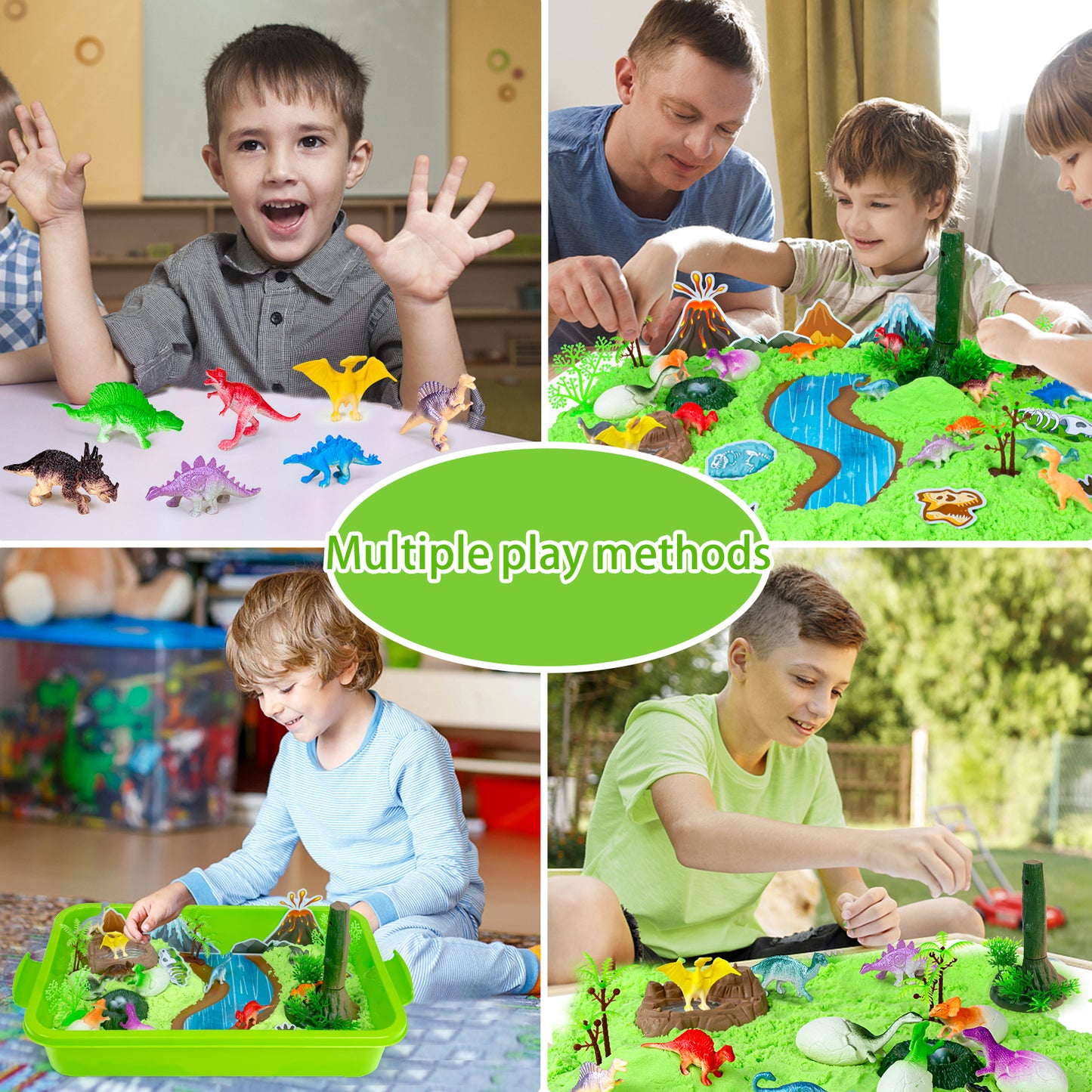 Dinosaur Play Sand Kit - 48Pcs Sensory Bin Sandbox Set Include Cardboards & Dinsoaur Figures & 2 lbs Sand & Cleaning kit & Trees & Rocks for 3 4 5 6-9 Years Old Toddlers Kids Boys Easter Gift
