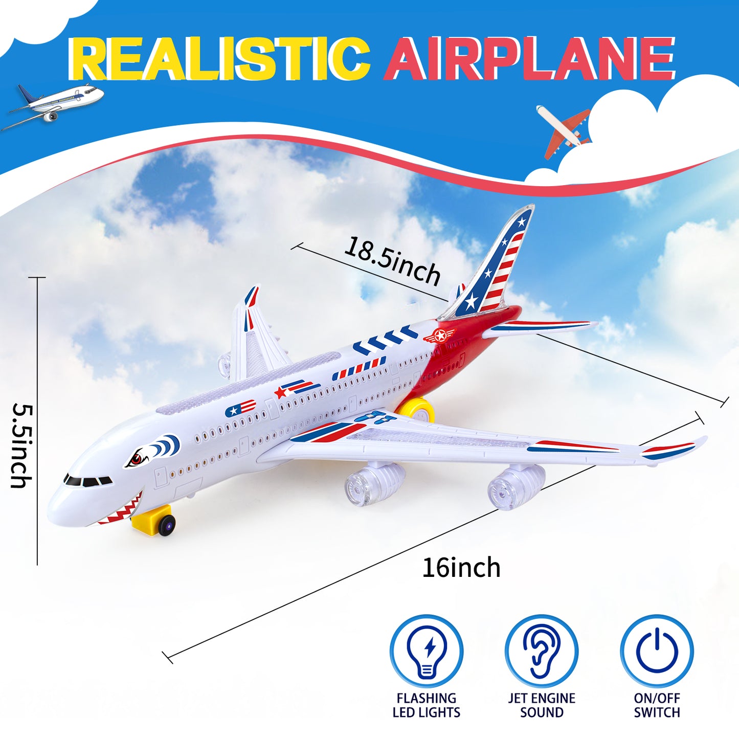 Big Planes Toys for 3 4 5 6 8 Year Old Boys Girls,Toddler Toys, Airplane Model with LED Lights and Sounds and Universal Wheel, Sensory Toddler Autism Toys for Kids Birthday Festive Days Gift, Red