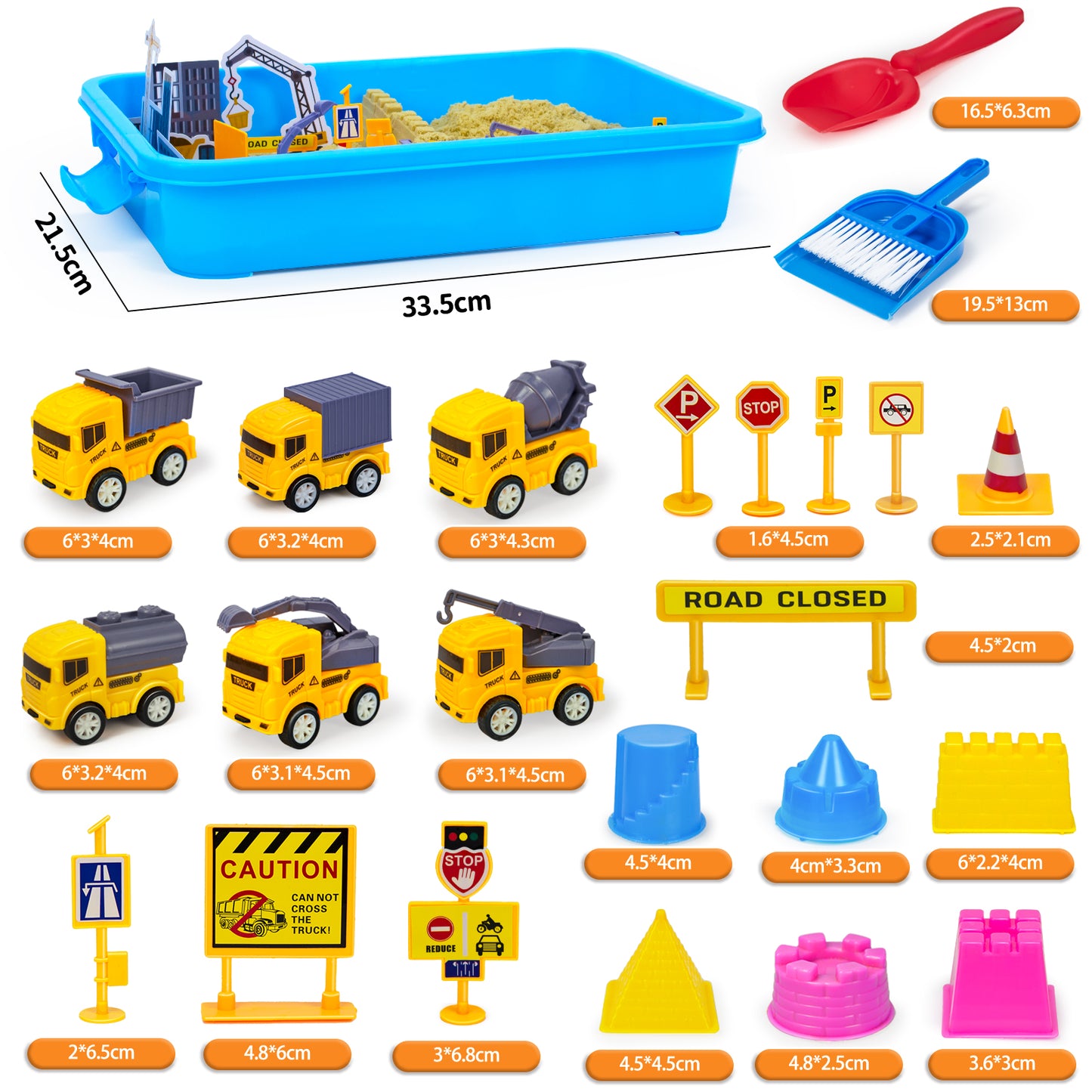 Construction Sand Toys, Kids Play Sand Kit Included 2.2lbs Magic Sand, Crane, 6 Construction Vehicles, 8 Signs, 12 Molds, Beach Building Sand Castle Sensory Bin Toy for Toddlers Boys