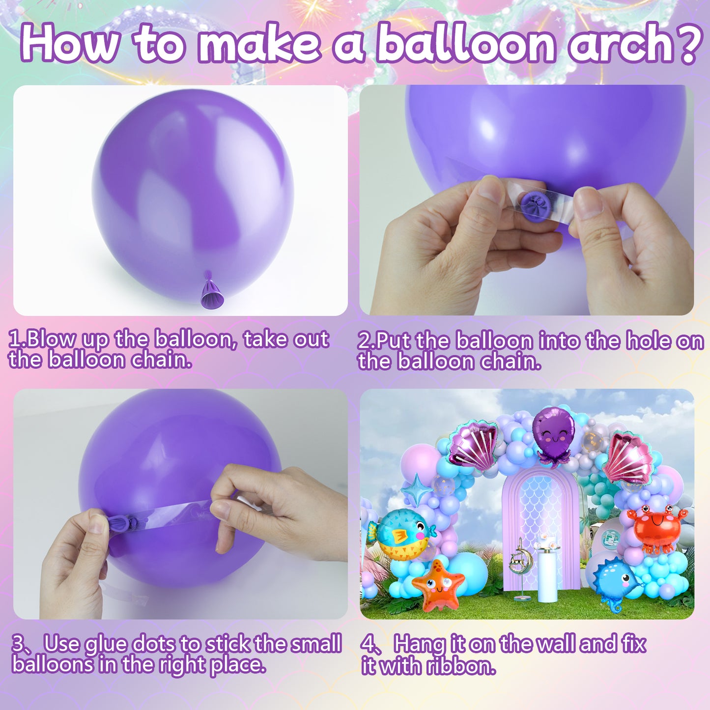 Mermaid Balloon Arch Garland Kit, Mermaid Tail Balloon Garland with Pastel Pink Purple Blue Teal Metallic Latex Balloons for Girls Birthday Baby Shower, Under the Sea Shell Theme Party Decor Supplies