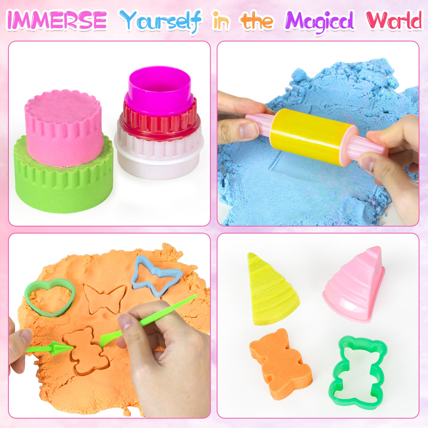 Ice Cream & Cake Play Sand for Kids with Sandbox Magic Sand Cake Moulds Play Money Ice Cream Toys Kids, Sensory Bin Set Toys Gifts for 3 4 5 6 7 8 Year Old Girls