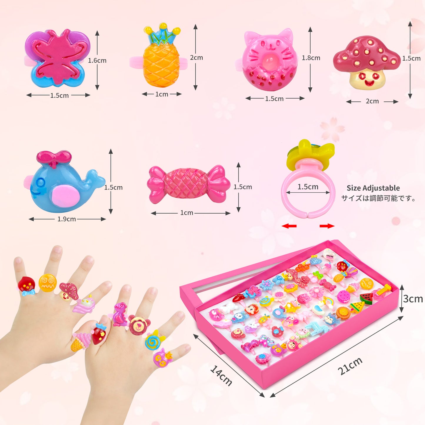 50 Lovely Jewelry Rings for Little Girls, Adjustable and No Duplication, Girls Pretend Play and Dress Up Rings with Gift Box