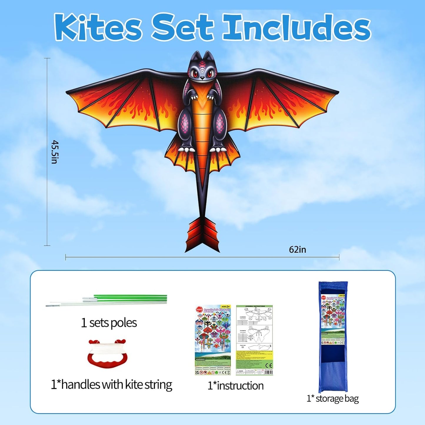 Large Kite for Children and Adults, Red Dragon Kite with 328ft Kite String and Kite Bag, Easy to Fly Kids Kite for Beginners, Trip Outdoor Family Activities Party Games Easy to Carry