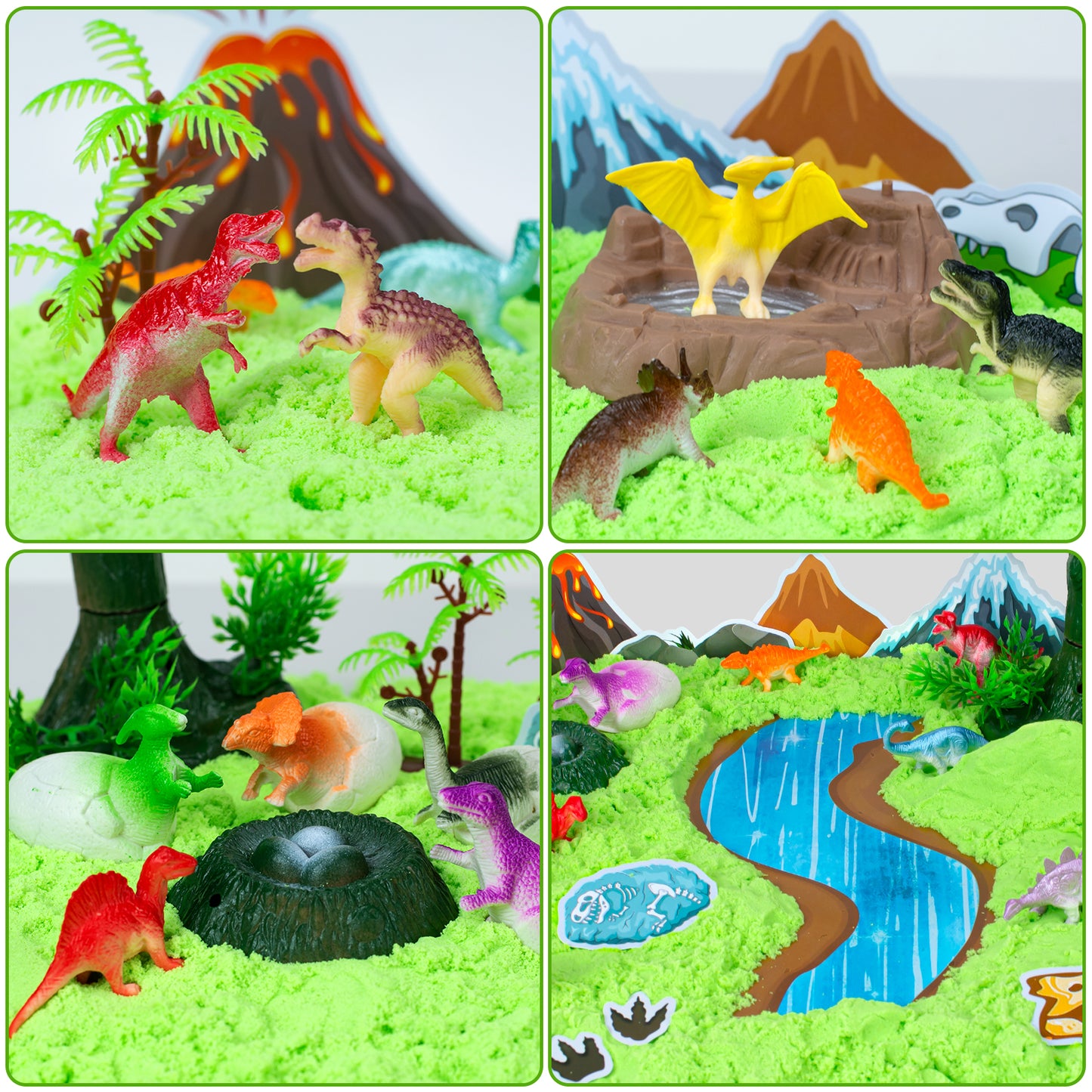 Dinosaur Play Sand Kit - 48Pcs Sensory Bin Sandbox Set Include Cardboards & Dinsoaur Figures & 2 lbs Sand & Cleaning kit & Trees & Rocks for 3 4 5 6-9 Years Old Toddlers Kids Boys Easter Gift