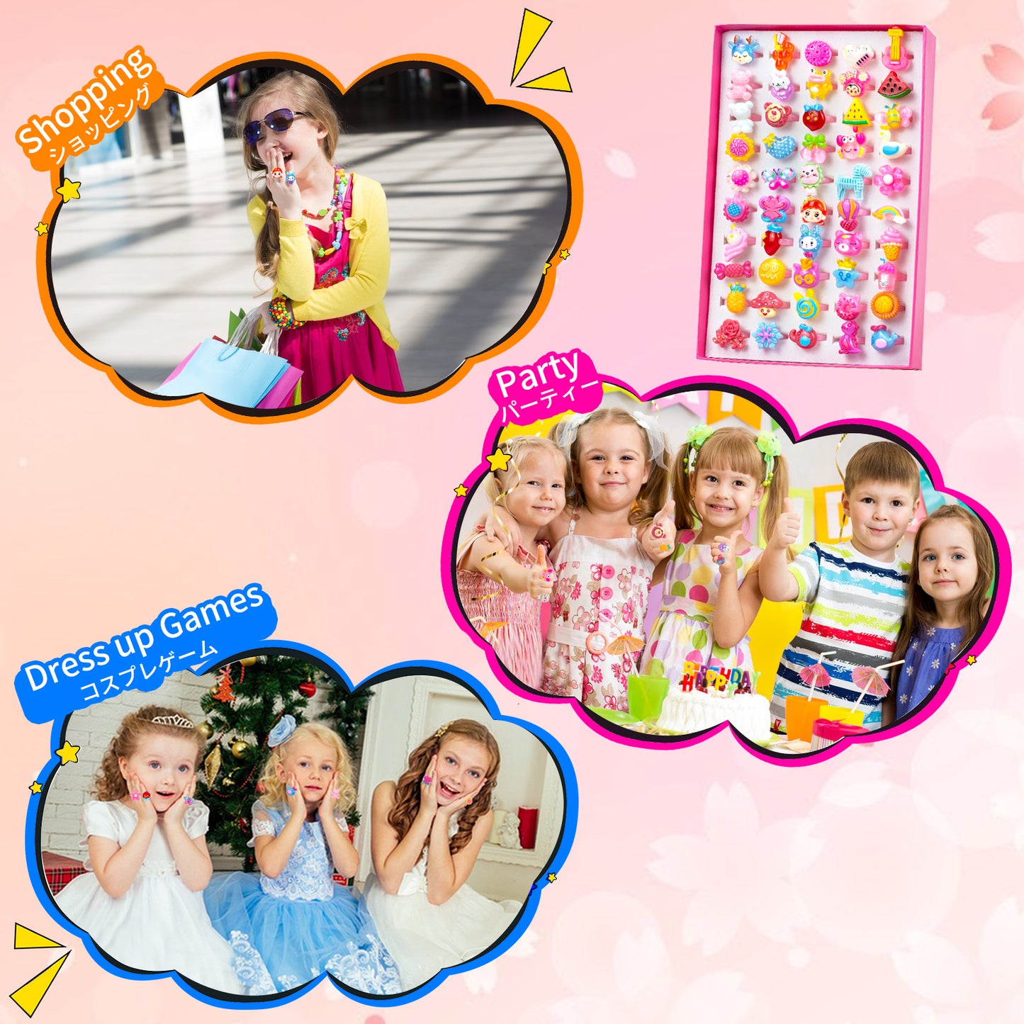 50 Lovely Jewelry Rings for Little Girls, Adjustable and No Duplication, Girls Pretend Play and Dress Up Rings with Gift Box