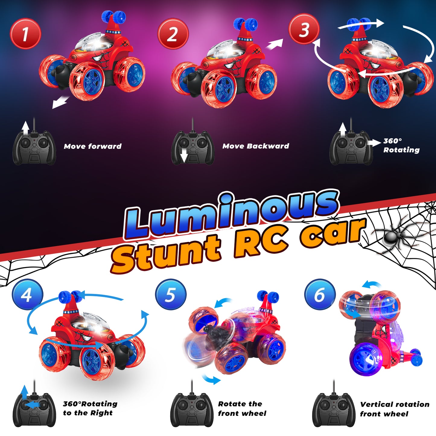 Remote Control Cars, Toy Cars for Kids Age 3 4 5 6, RC Stunt Car with LED Light,Red Spider Gifts for Girls & Boys, Spider Toys for 3 4 5 6 Year Old Girls & Boys