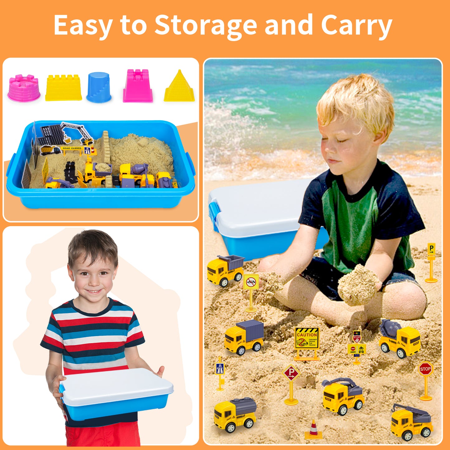 Construction Sand Toys, Kids Play Sand Kit Included 2.2lbs Magic Sand, Crane, 6 Construction Vehicles, 8 Signs, 12 Molds, Beach Building Sand Castle Sensory Bin Toy for Toddlers Boys
