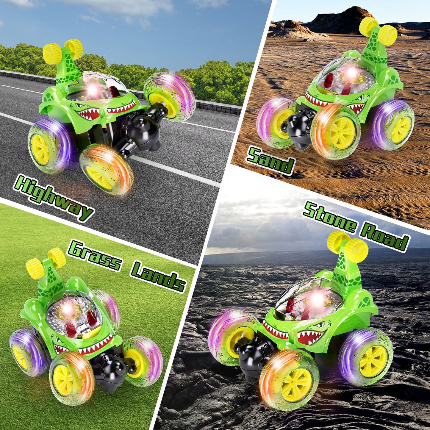 Remote Control Cars, Toy Cars for Kids Age 3 4 5 6, RC Stunt Car with LED Light,Green Shark Gifts for Girls & Boys, Shark Toys for 3 4 5 6 Year Old Girls & Boys