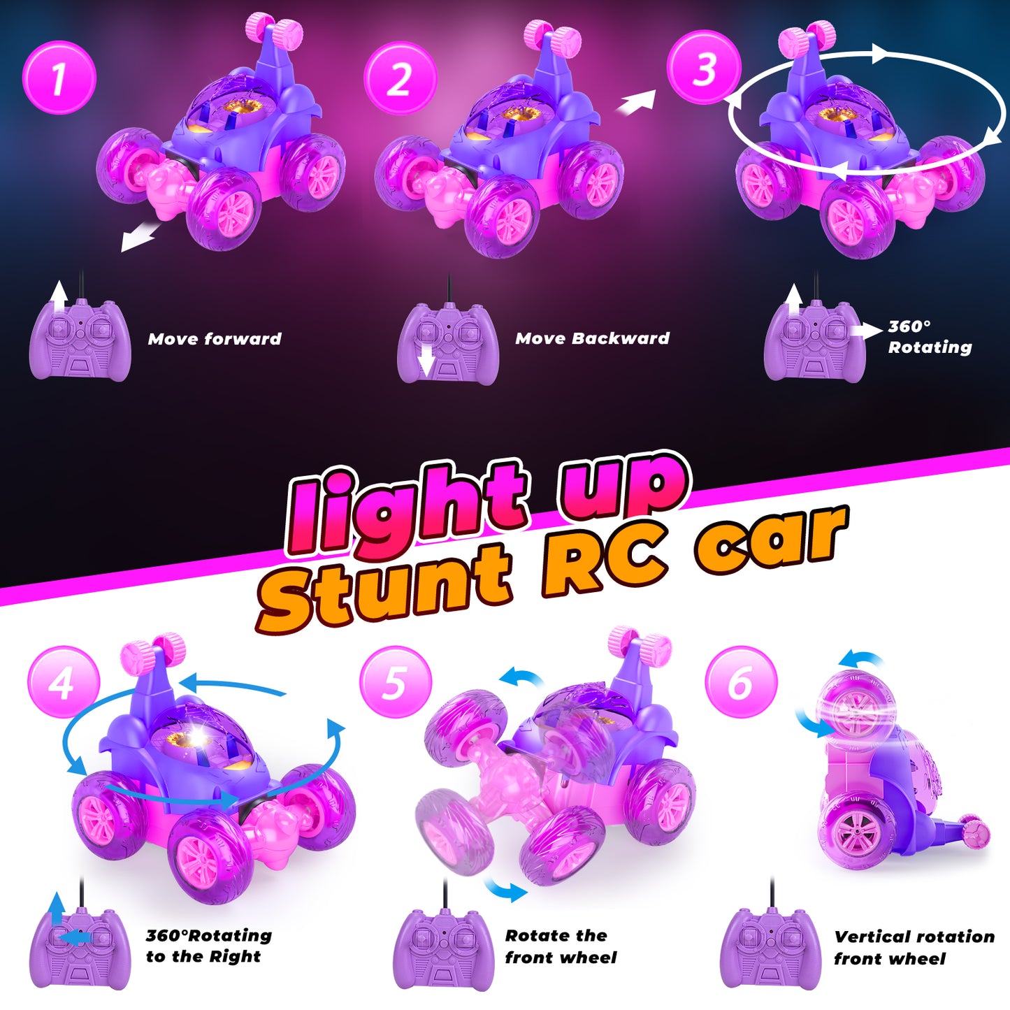 Remote Control Cars, Toy Cars for Kids Age 3 4 5 6, RC Stunt Car with LED Light, Pink Gifts for Girls, Unicorn Toys for 3 4 5 6 Year Old Girls