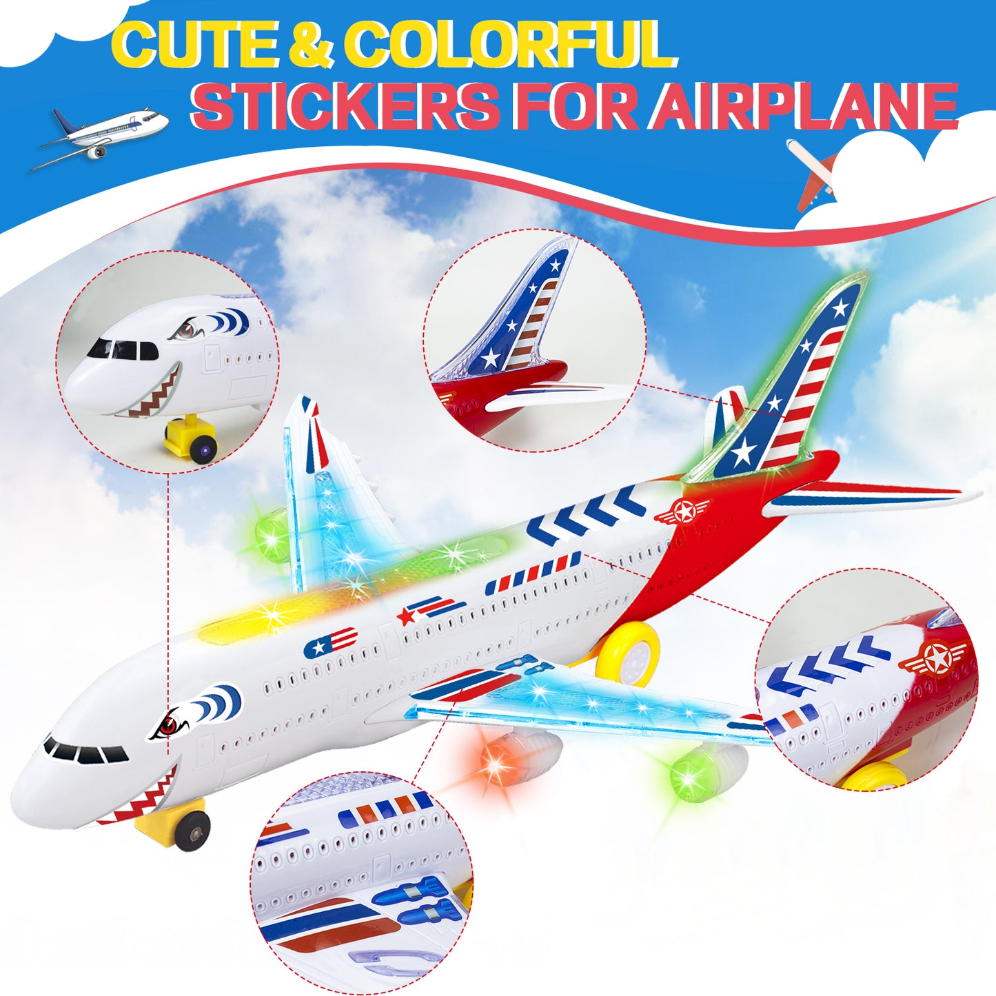 Big Planes Toys for 3 4 5 6 8 Year Old Boys Girls,Toddler Toys, Airplane Model with LED Lights and Sounds and Universal Wheel, Sensory Toddler Autism Toys for Kids Birthday Festive Days Gift, Red