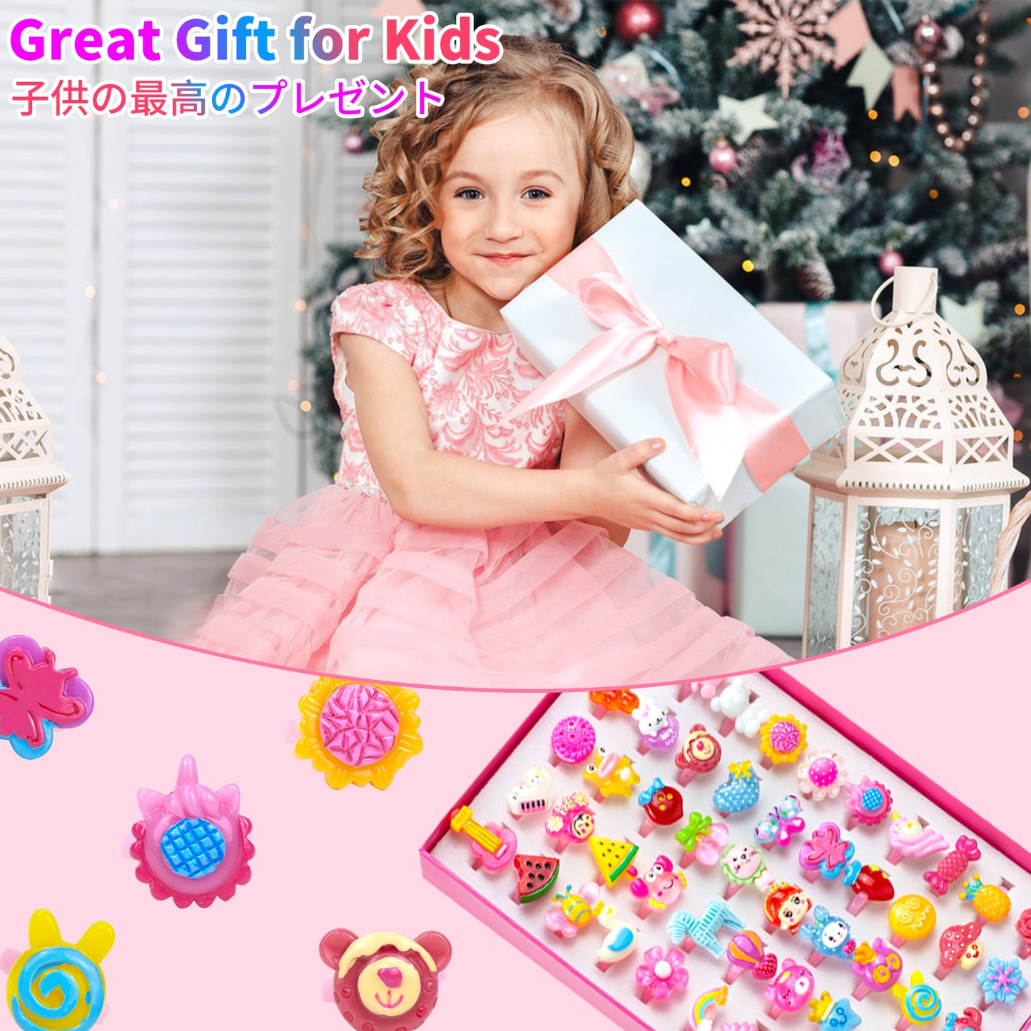 50 Lovely Jewelry Rings for Little Girls, Adjustable and No Duplication, Girls Pretend Play and Dress Up Rings with Gift Box