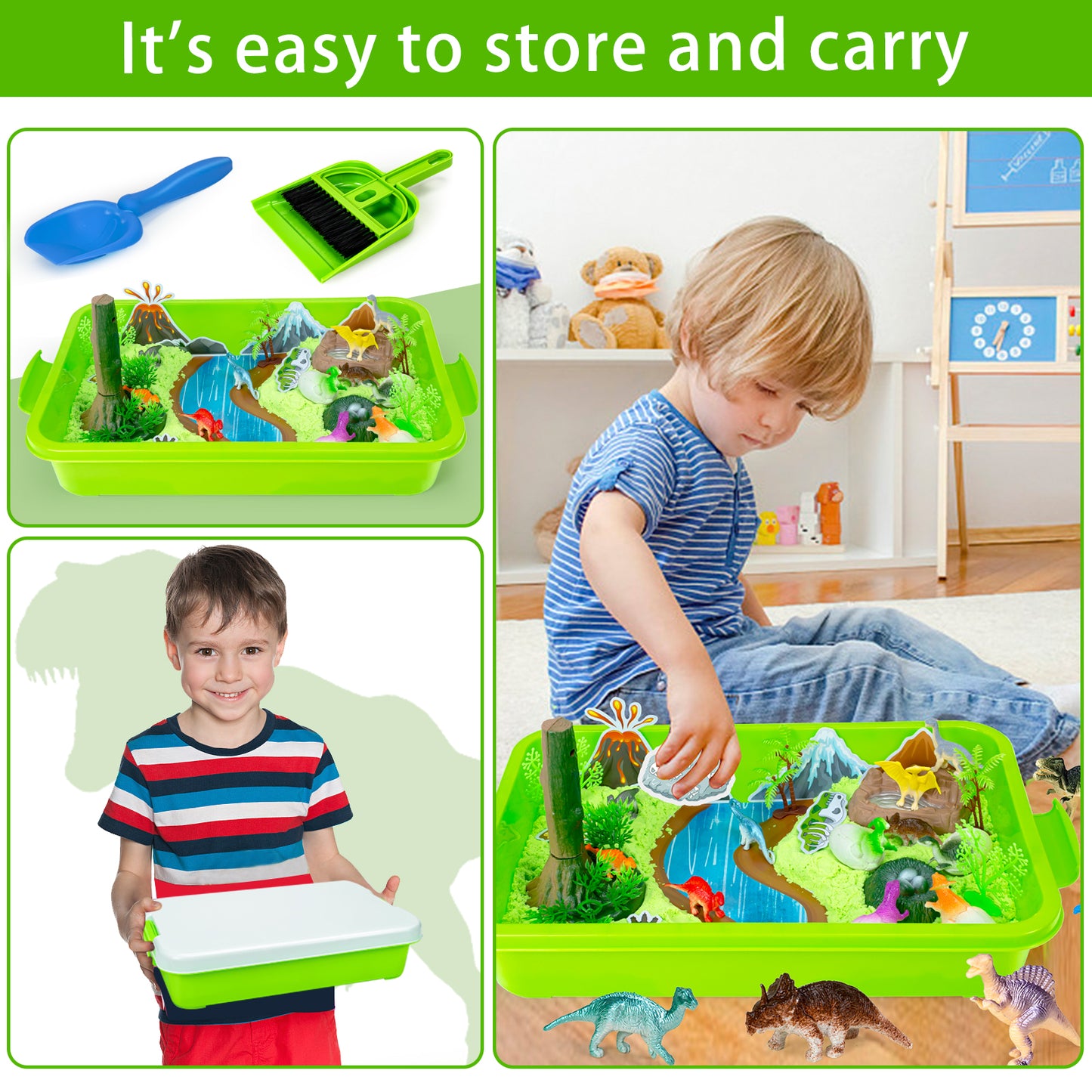 Dinosaur Play Sand Kit - 48Pcs Sensory Bin Sandbox Set Include Cardboards & Dinsoaur Figures & 2 lbs Sand & Cleaning kit & Trees & Rocks for 3 4 5 6-9 Years Old Toddlers Kids Boys Easter Gift