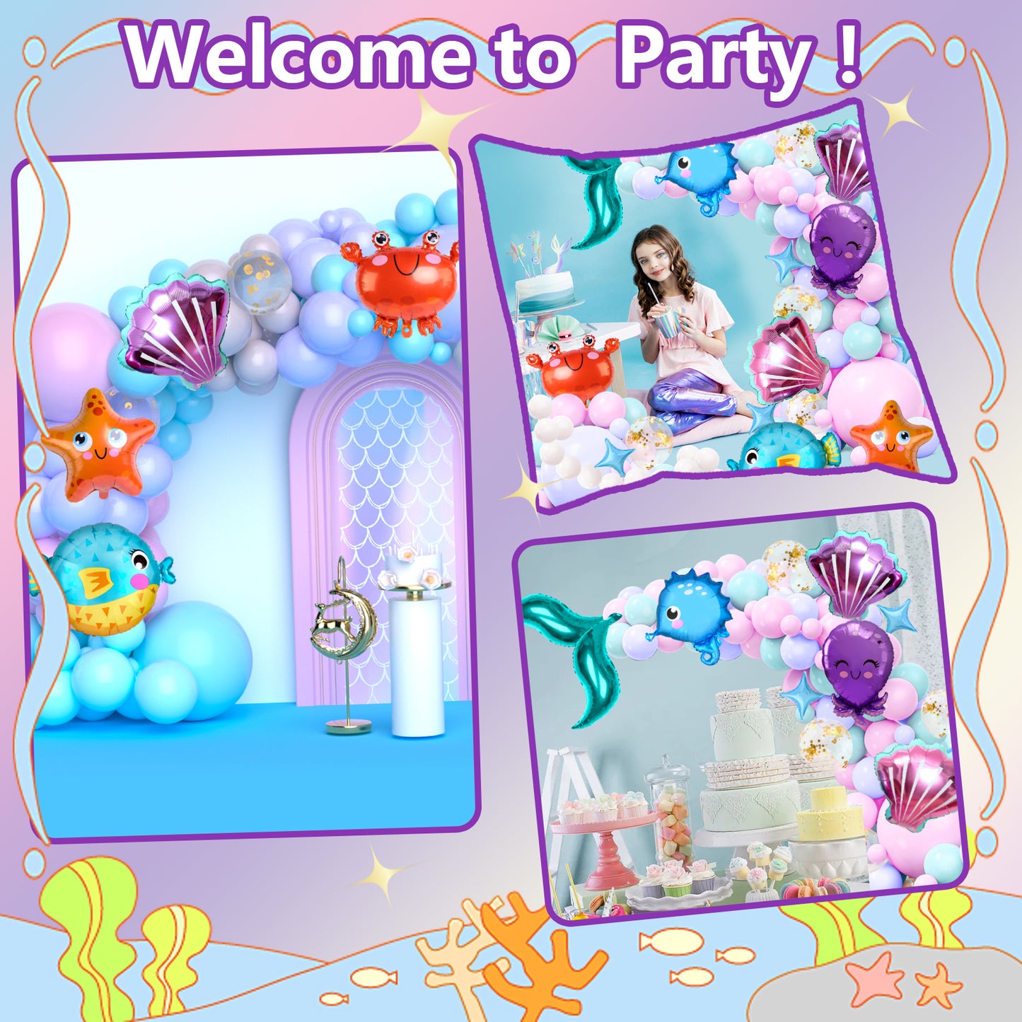 Mermaid Balloon Arch Garland Kit, Mermaid Tail Balloon Garland with Pastel Pink Purple Blue Teal Metallic Latex Balloons for Girls Birthday Baby Shower, Under the Sea Shell Theme Party Decor Supplies