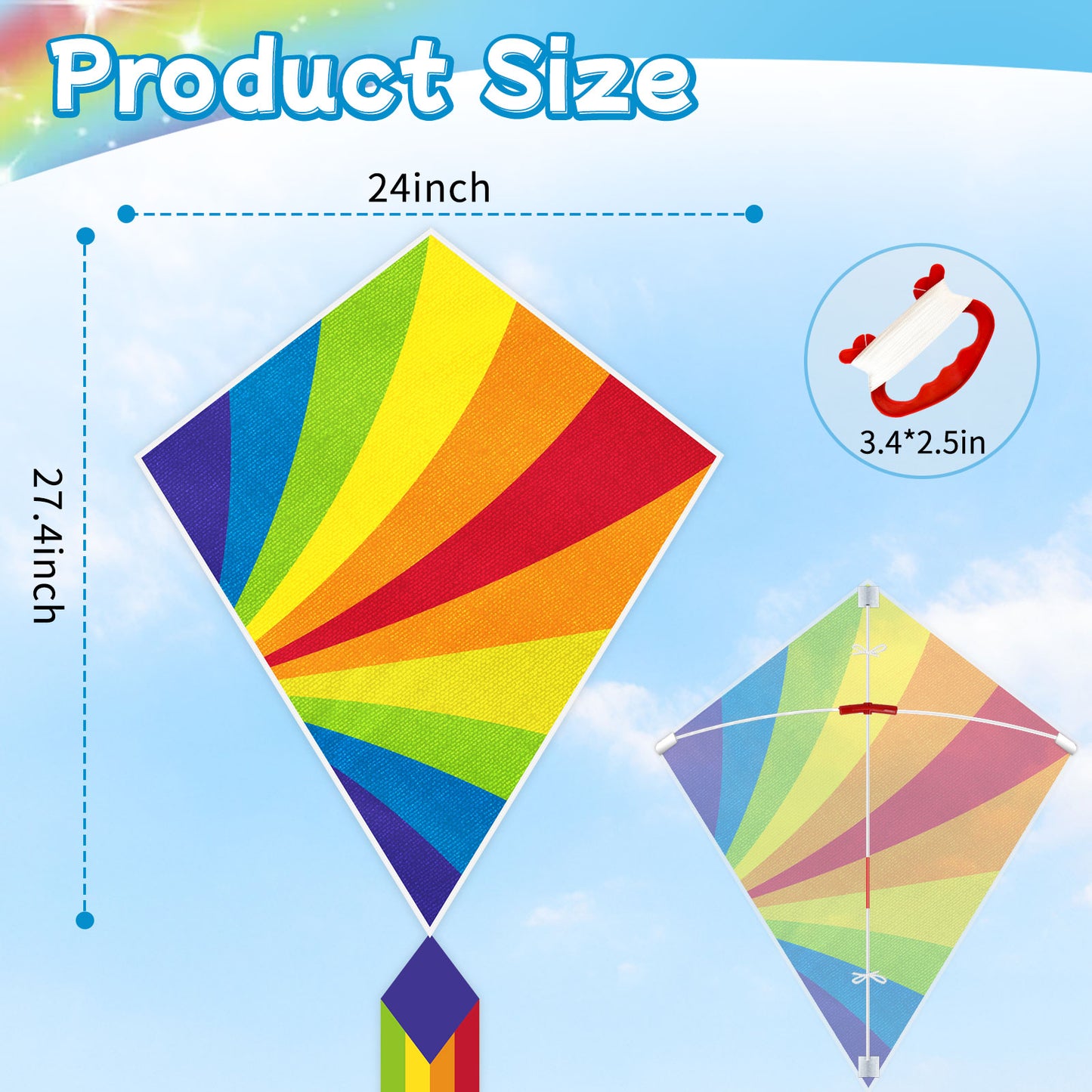 Kites for Children, Easy to Fly Rainbow Delta Kites for Kids Ages 4-12, Perfect for Beginners, Outdoor Beach Toys with Colorful Tail, Kites and Flying Toys for Kids and Adults