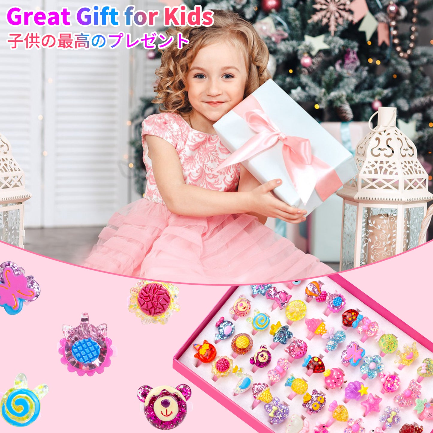 50 Lovely Jewelry Rings for Little Girls, Adjustable and No Duplication, Girls Pretend Play and Dress Up Rings with Gift Box