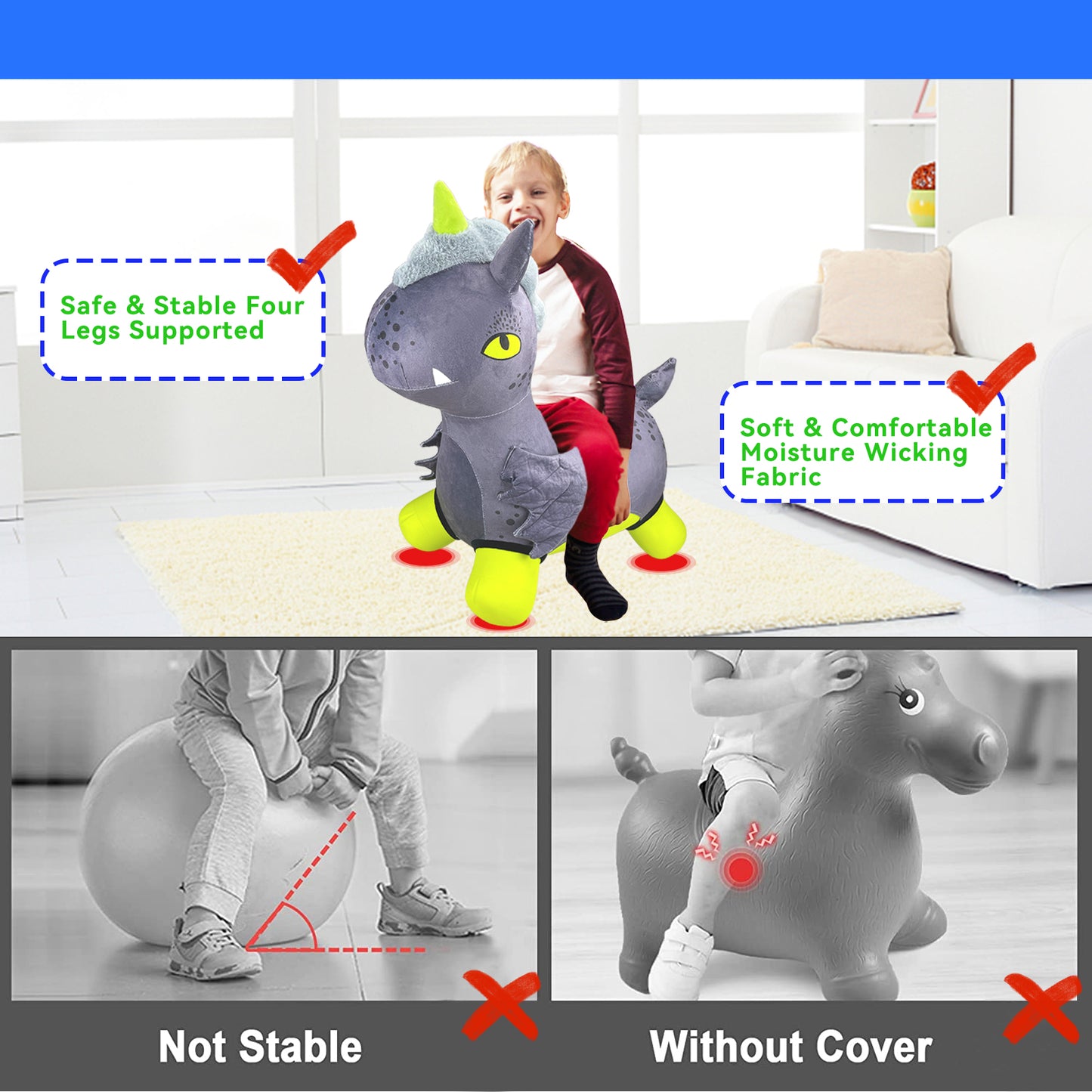 Bouncy Horse - Baby Toys Inflatable Plush Bouncing Dinosaur Hopper, Indoor Outdoor Toys Ride On Animal with Pump for Boys Girls Toddlers Birthday Party Gifts