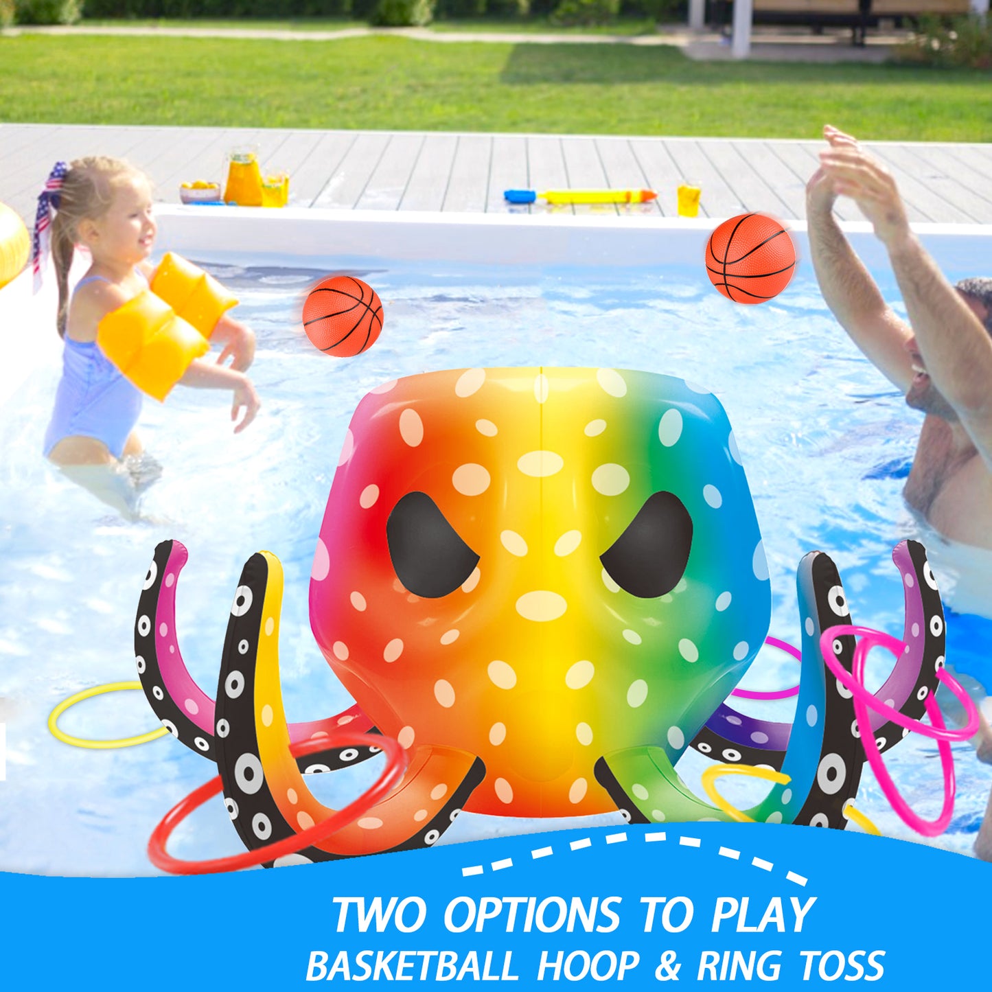 Octopus Pool Toys, Inflatable Basketball Hoop| Ring Toss Game for Indoor Outdoor Play, Cool Summer Toys for Ages 3 4 5 6 7 8 Year Old Boys Girls Adults Family Party Gift