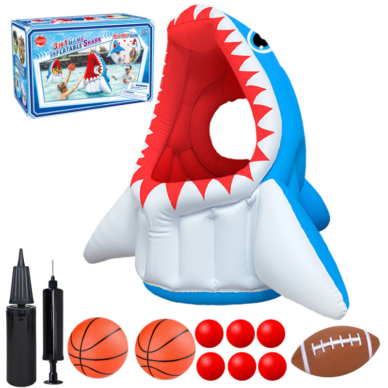 Cool Toys| 3-in-1 Inflatable Basketball & Football & Head Hoop Balls Games Shark Toys for Kids Birthday Gifts, Great Indoor Outdoor Beach Water Pool Game Toys for Boys Girls Adults Party Favors