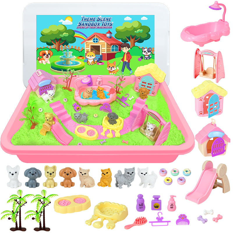 Pet Sensory Bin & Moldable Sensory Sand Kit,Pet Play Set and Sandbox with Lid,Dog and Cat Toddler Toys for Kids,Pet Care Play Set Sensory Bin for Kids 3-7 & Up- Kids Gifts for Boys and Girls